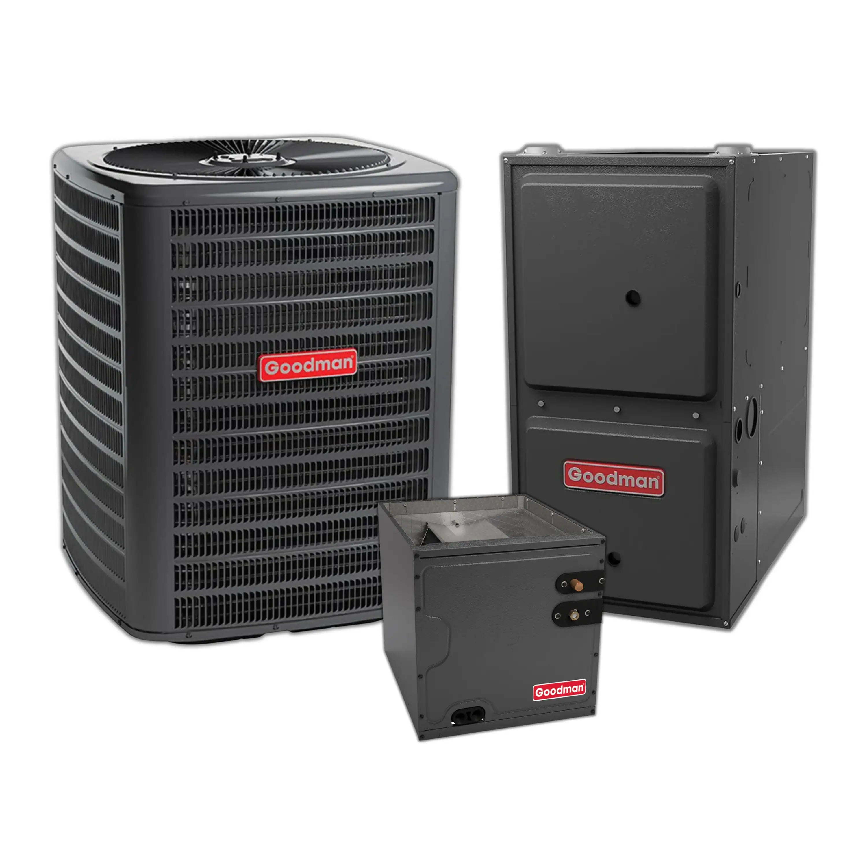 Goodman HVAC system components set with outdoor unit and furnace cabinet, black metal