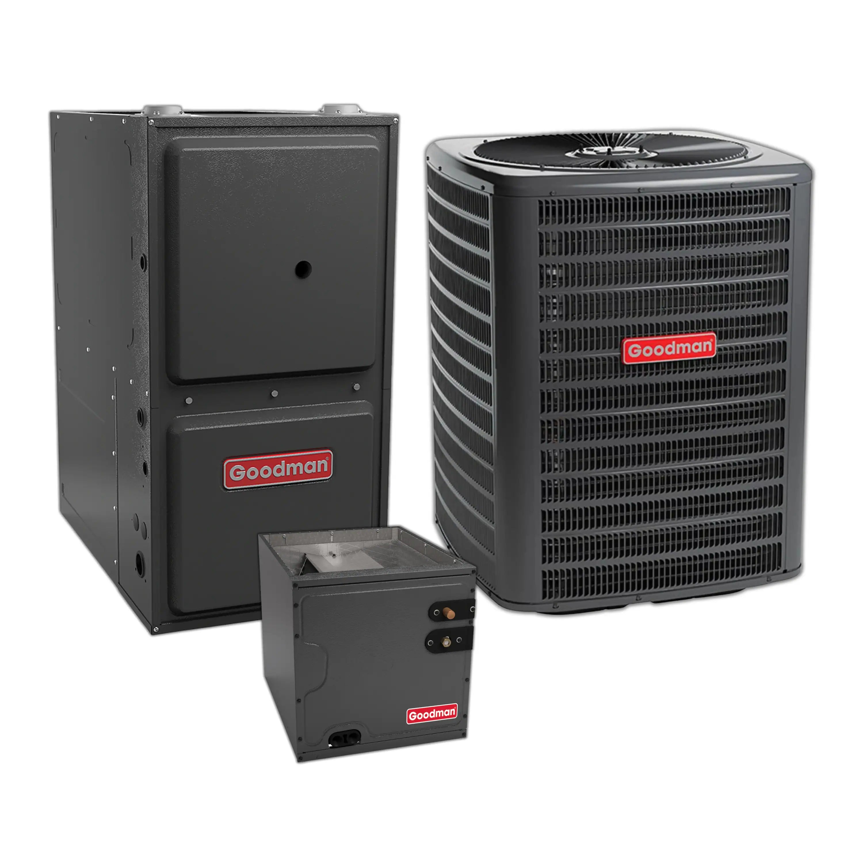 HVAC heat pump and furnace cabinet set, Goodman brand, dark metal units