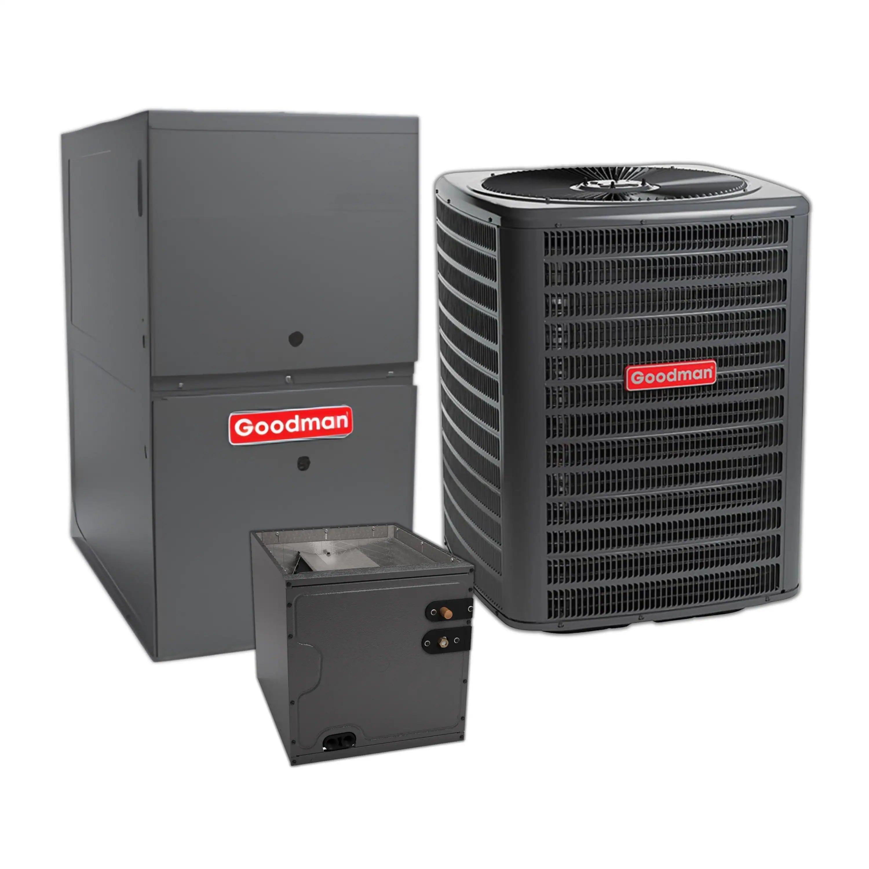 Goodman HVAC system bundle with outdoor AC condenser and furnace, gray and black