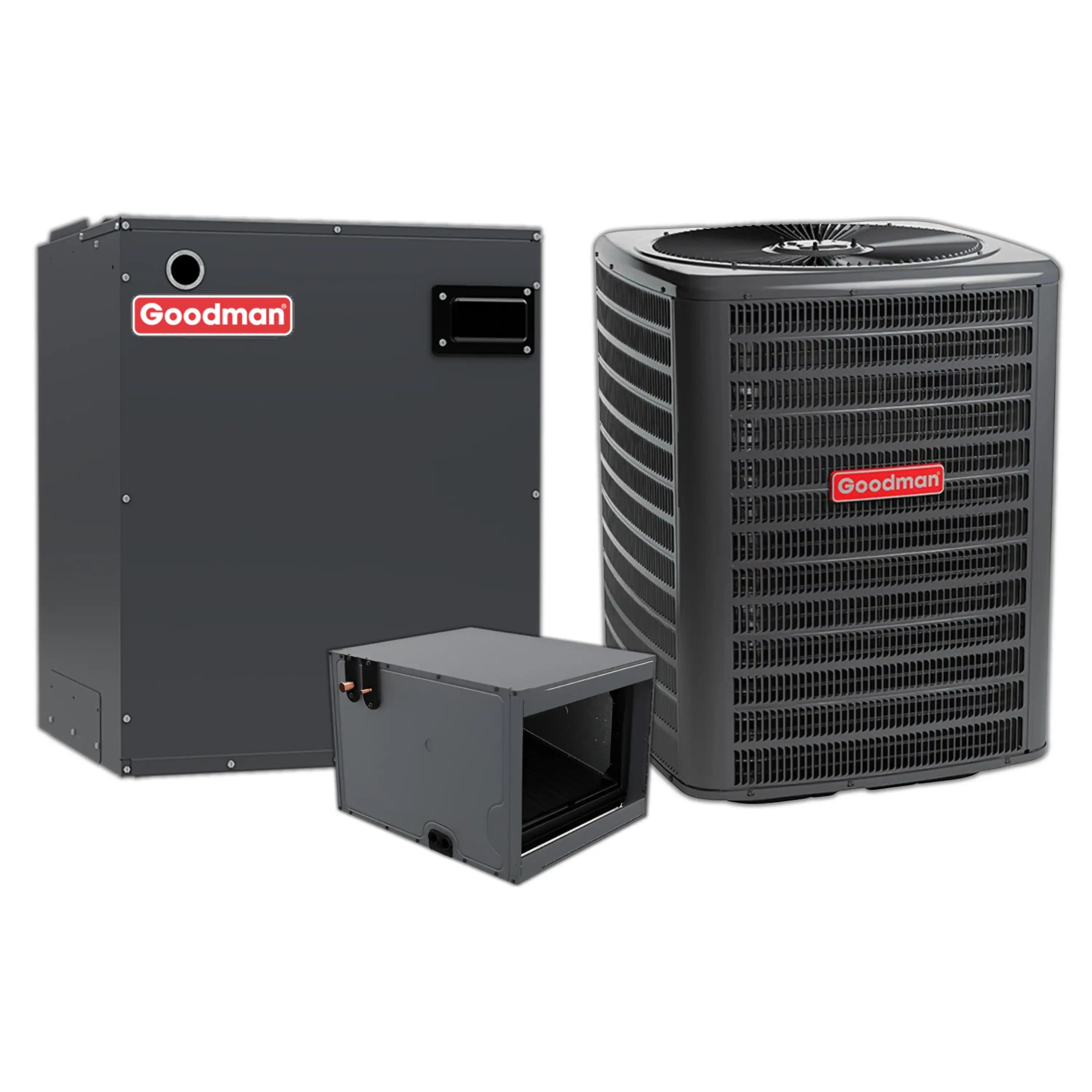 Goodman heat pump condenser with air handler unit, dark gray housings
