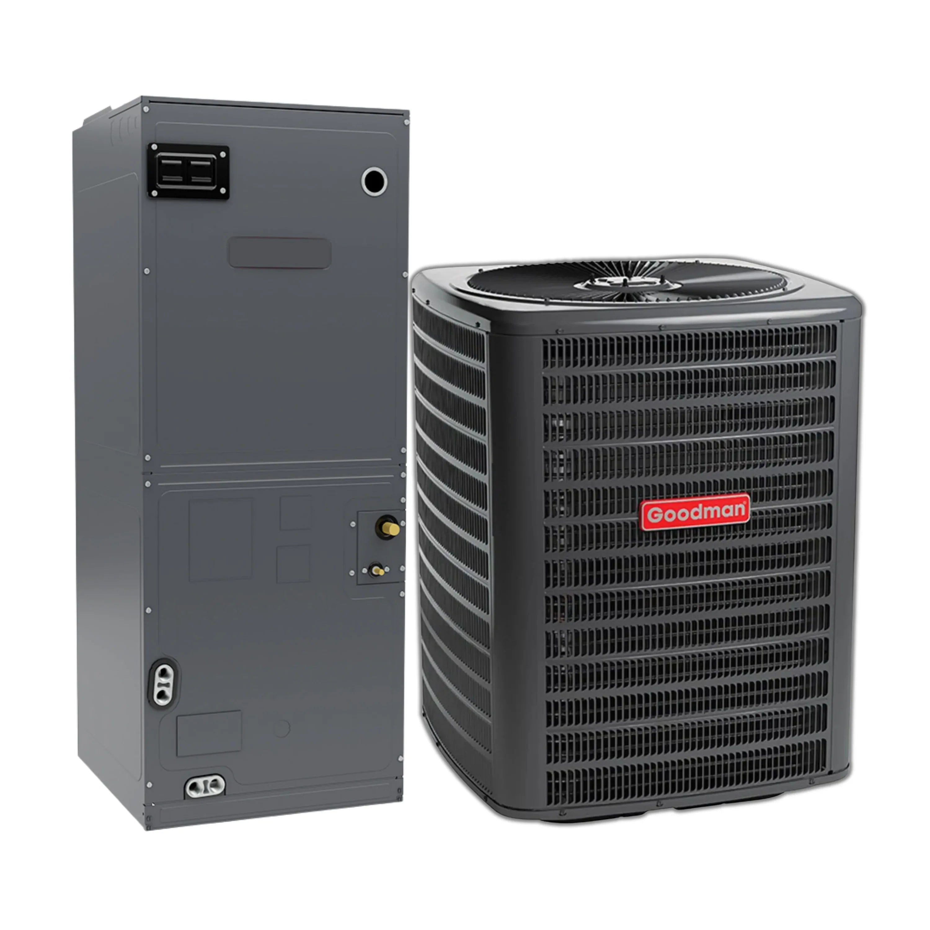 Grey Goodman air handler unit with access panel and control display