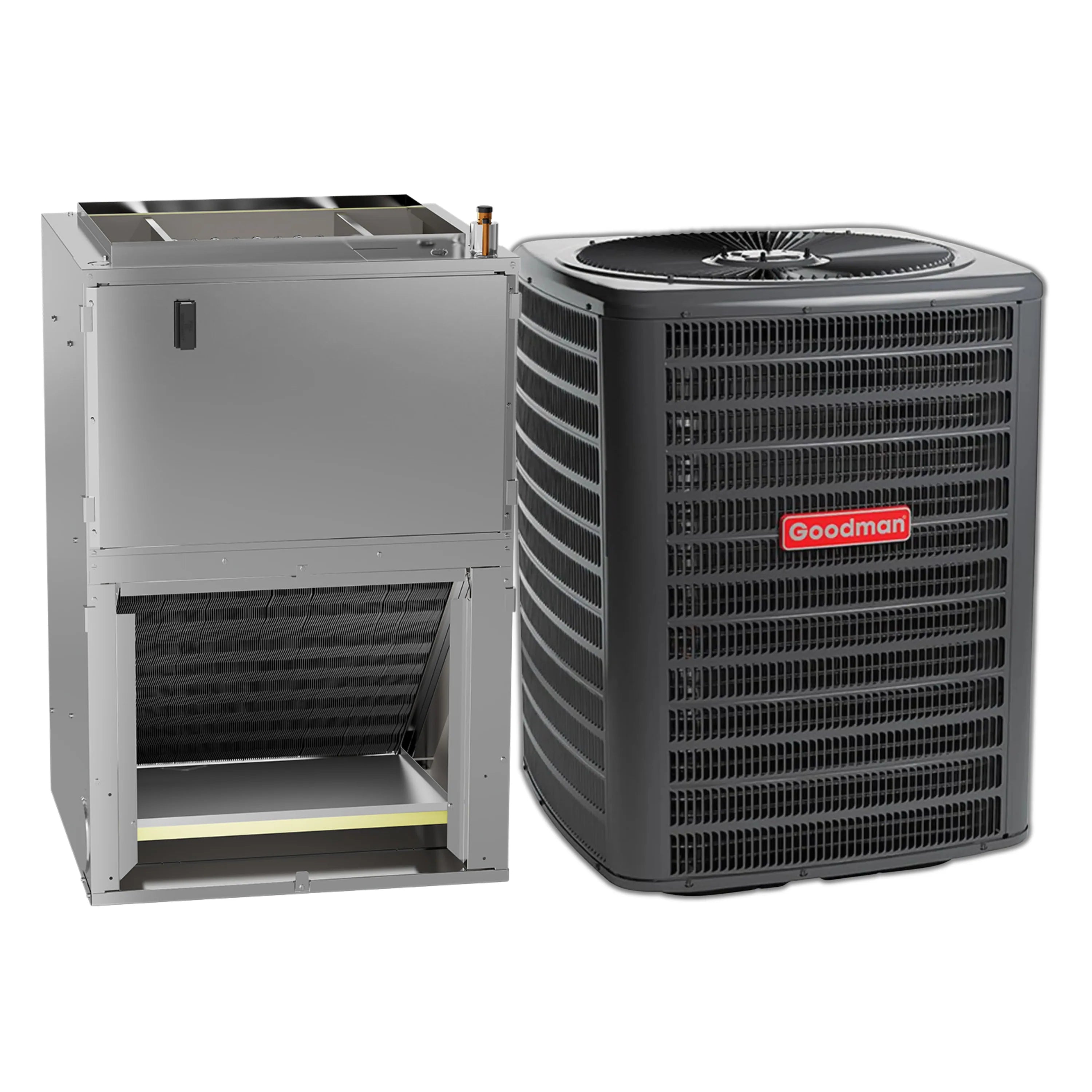 Goodman heat pump condenser and air handler, open cabinet with fan unit attached