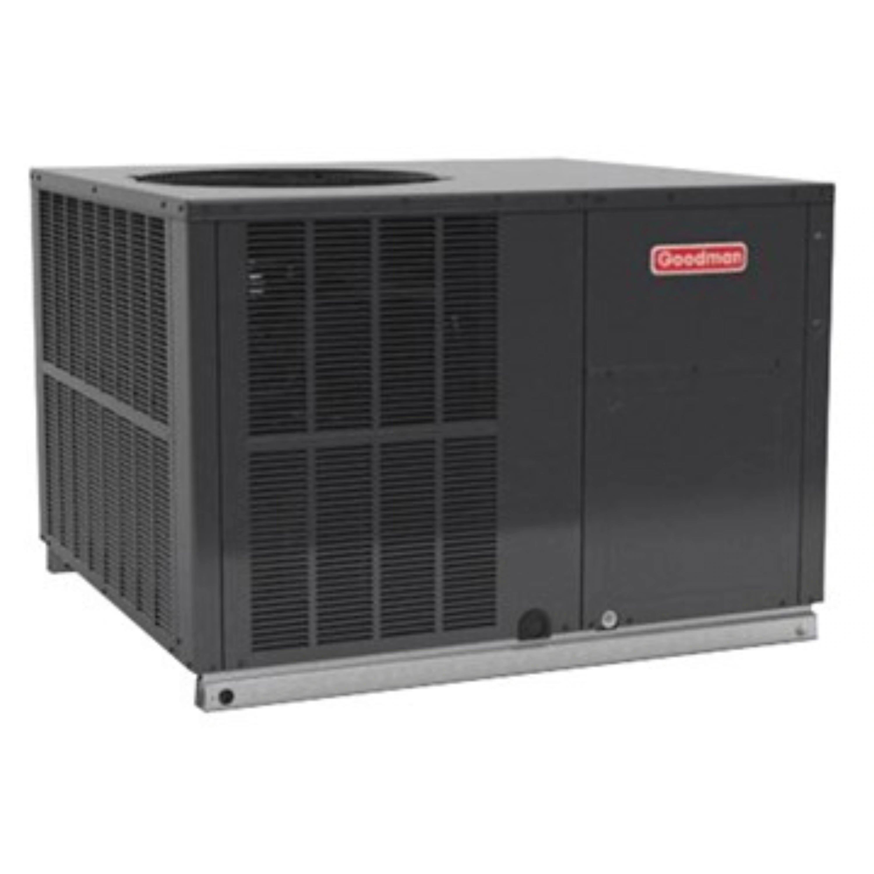Packaged air conditioner unit with front grille, side vents, and Goodman logo, gray