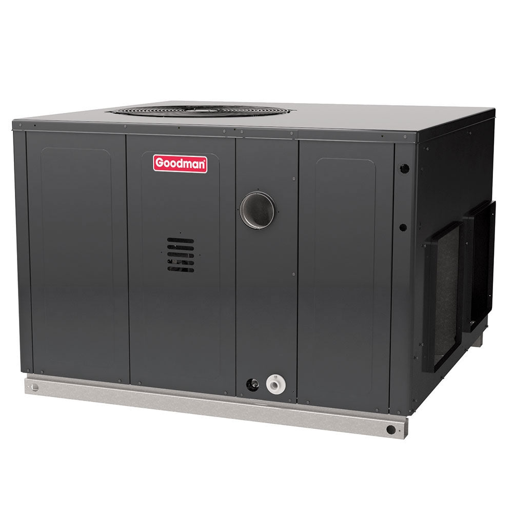 Packaged HVAC unit with Goodman logo on dark gray cabinet and top fan outlet