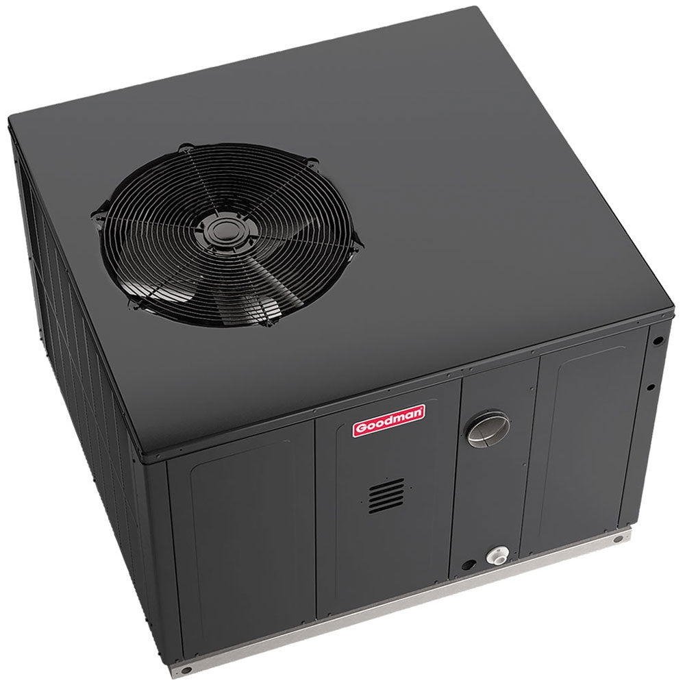 Packaged HVAC unit top view with black fan grille, dark gray metal cabinet