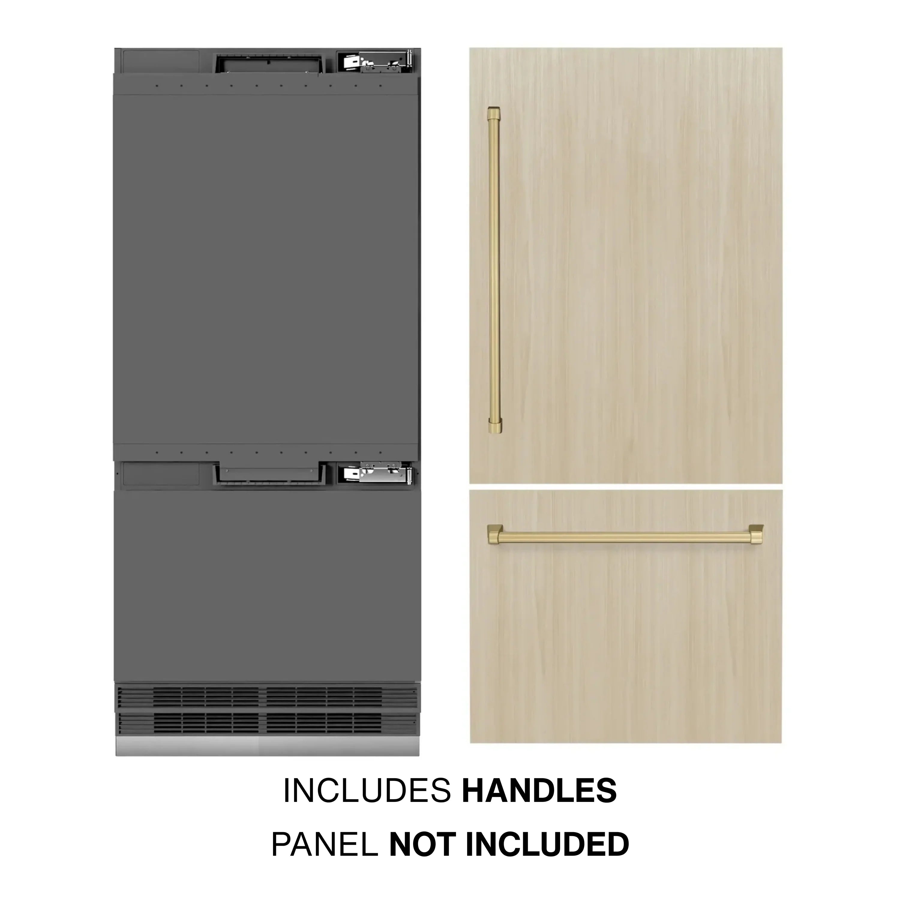Built-in bottom freezer refrigerator with included handles; panel-ready design
