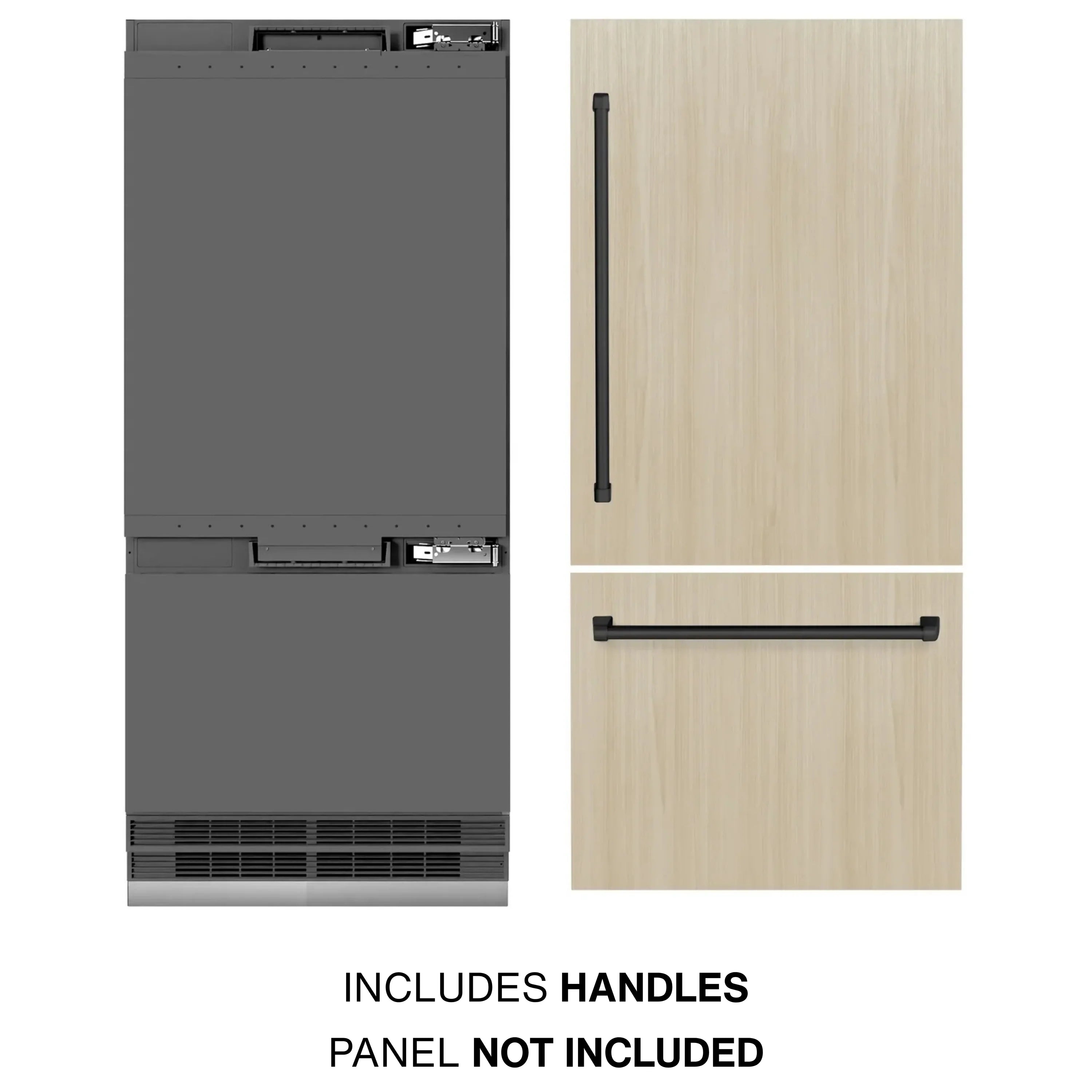 Panel-ready bottom freezer refrigerator with included black handles and wood panel mockup
