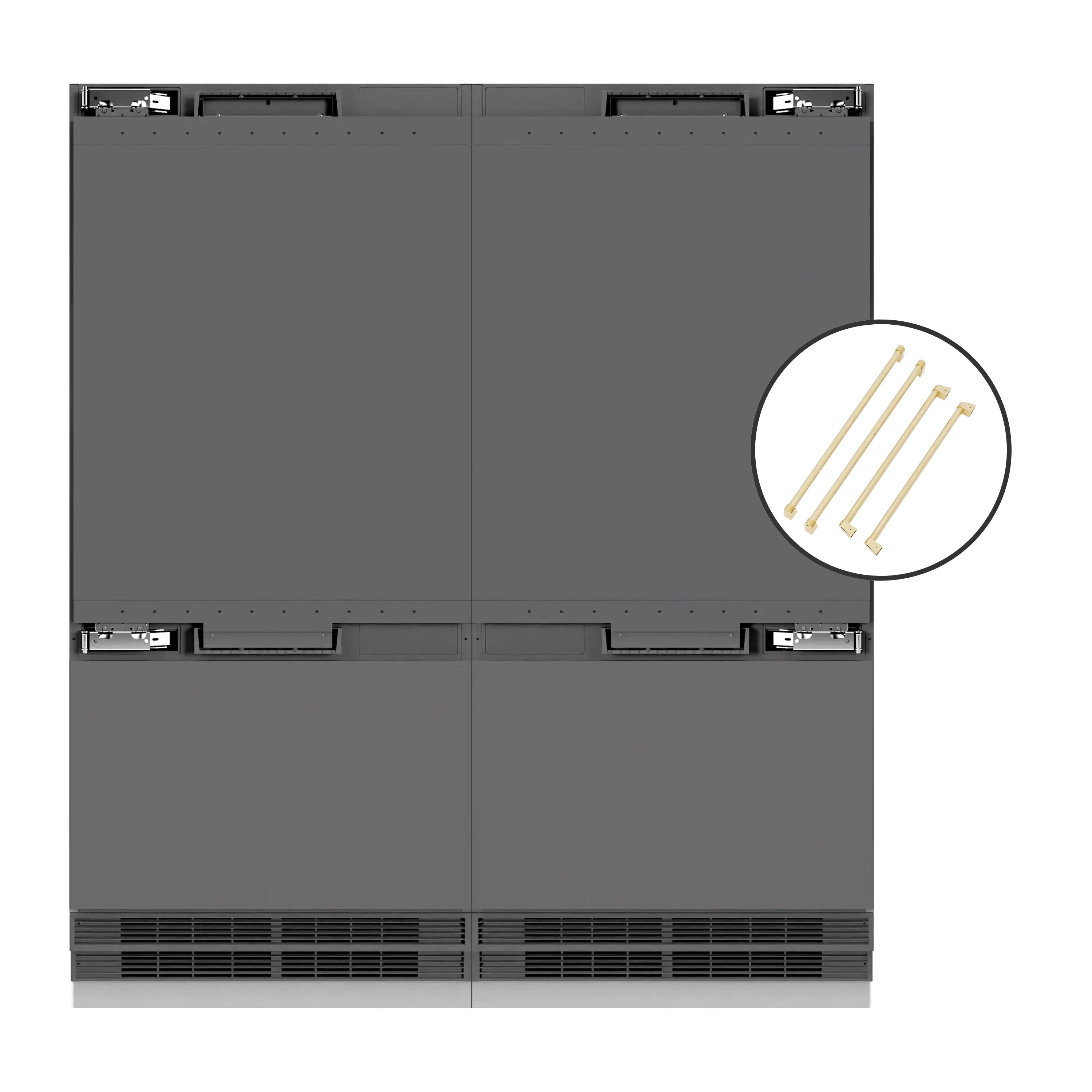 Panel-ready French door refrigerator front view, gray cabinet and bottom ventilation grilles