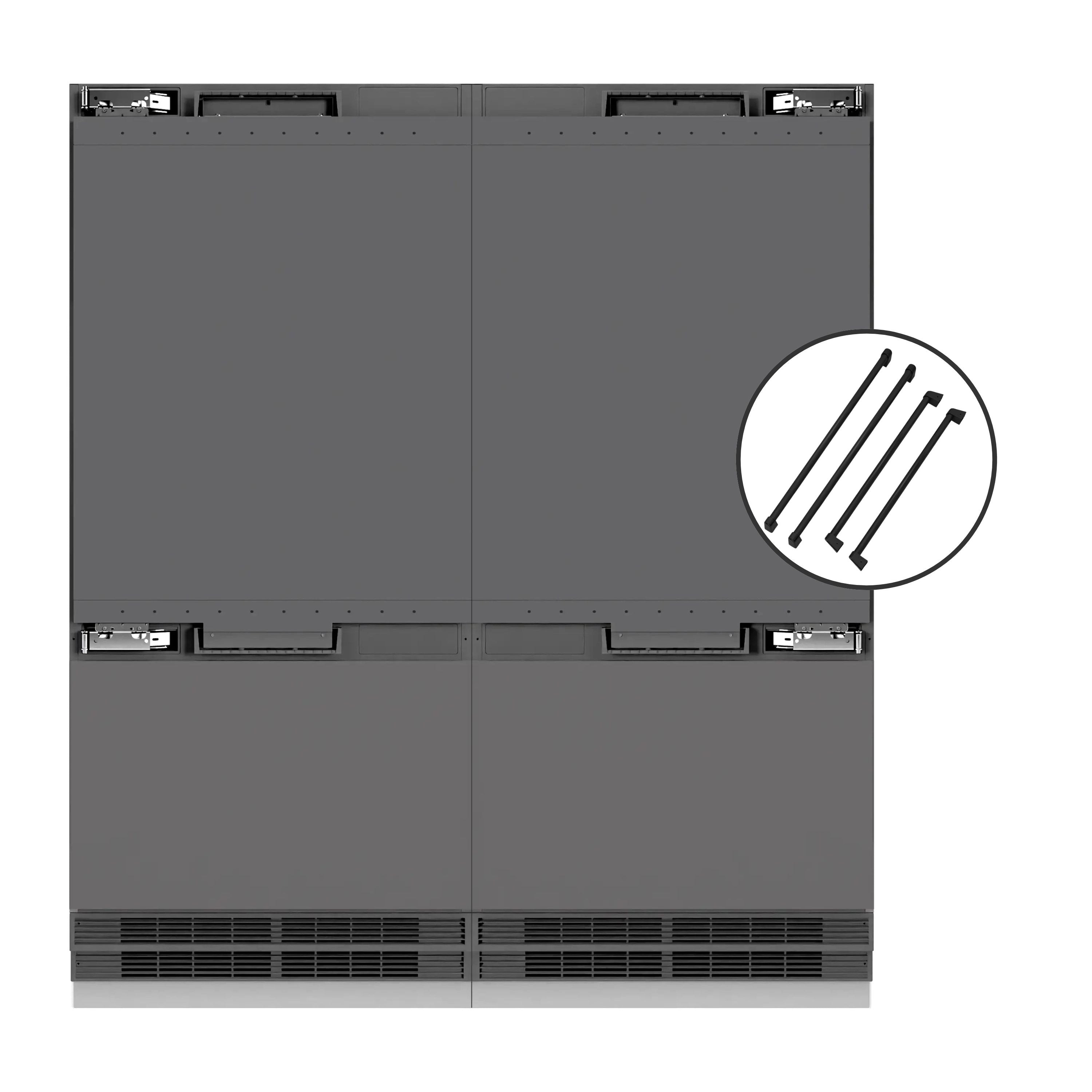 Panel-ready French door refrigerator with gray cabinet panels and handle recesses