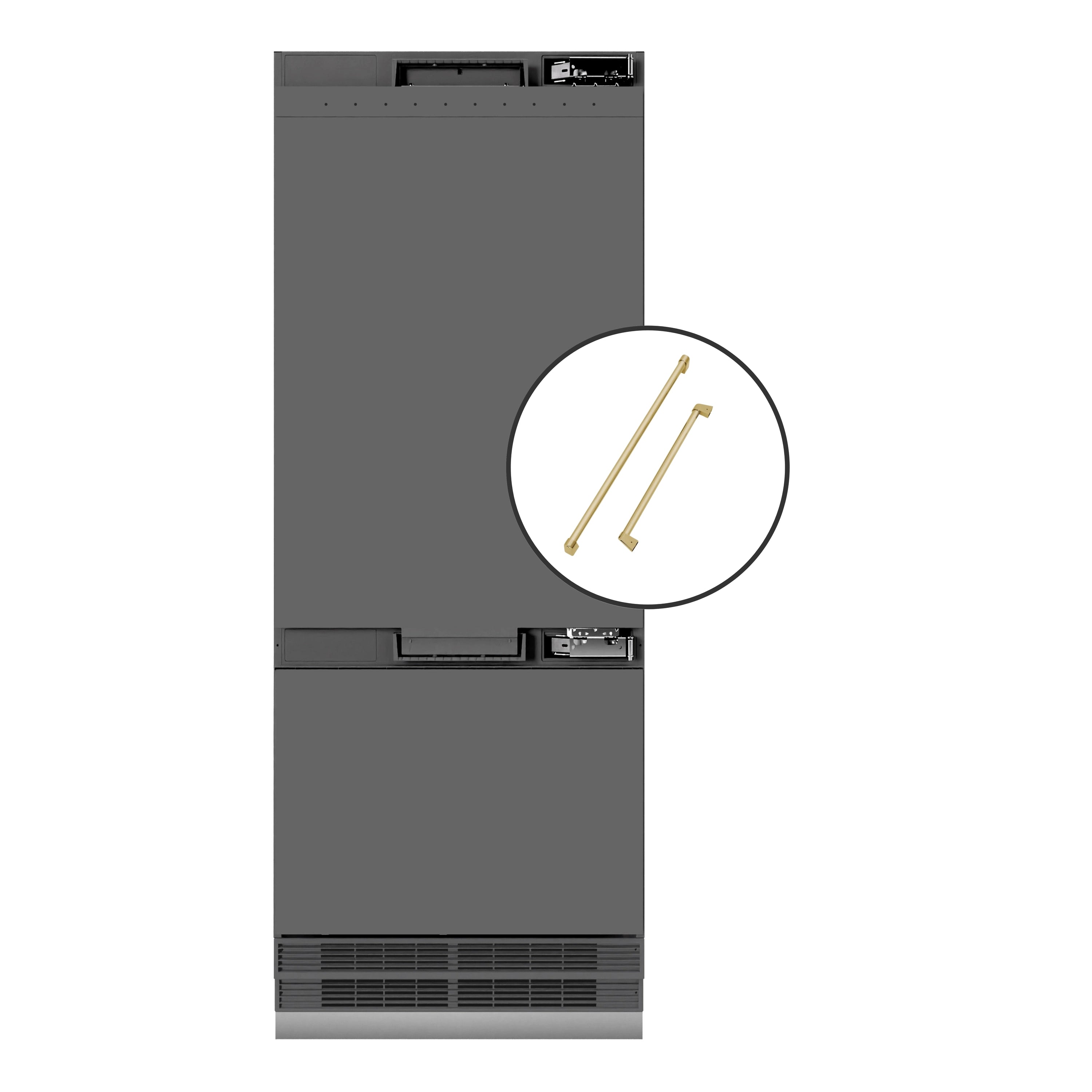 Built-in bottom freezer refrigerator in dark gray with gold handle accents