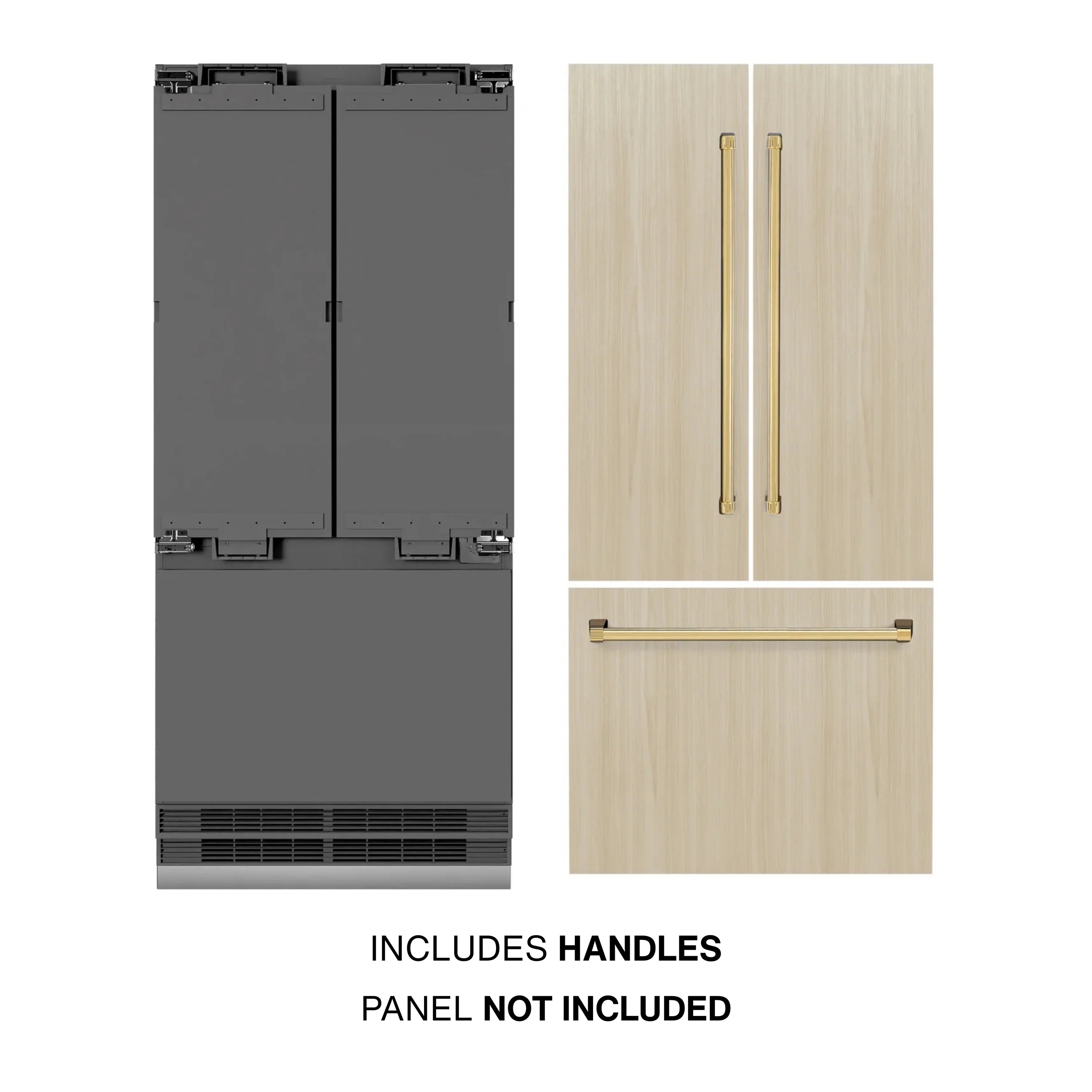 Built-in refrigerator with wood panel doors, gold bar handles, and bottom freezer vent