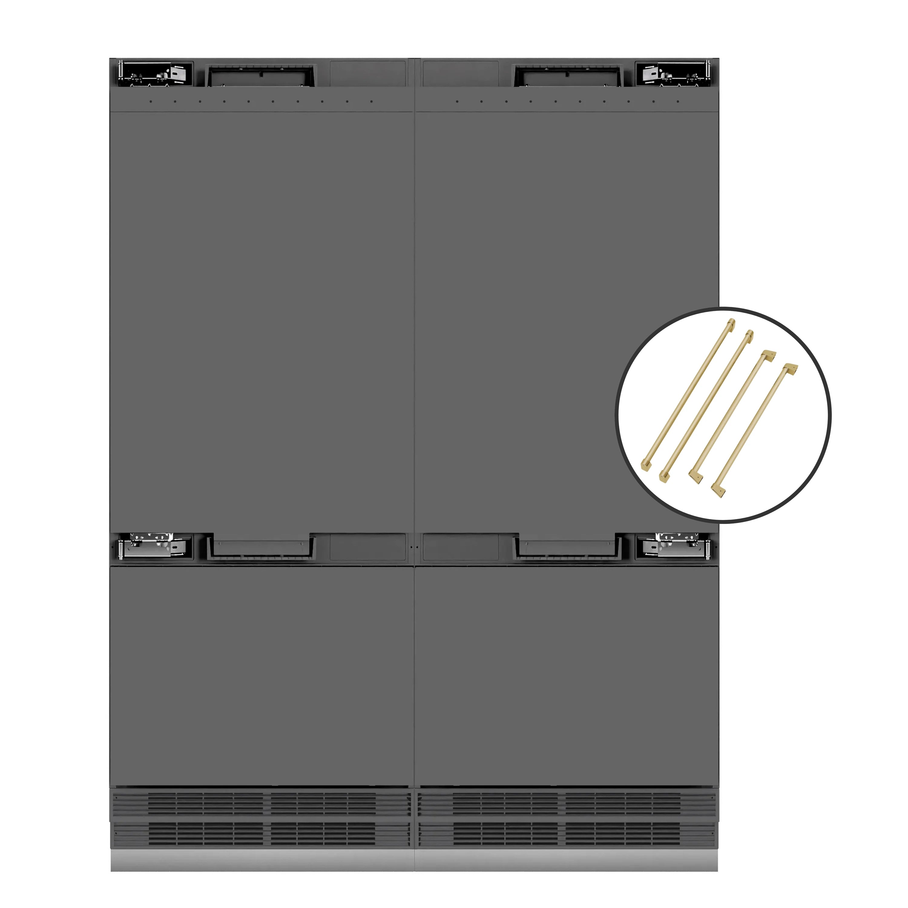 Panel-ready built-in French door refrigerator with graphite gray interior and bronze handles