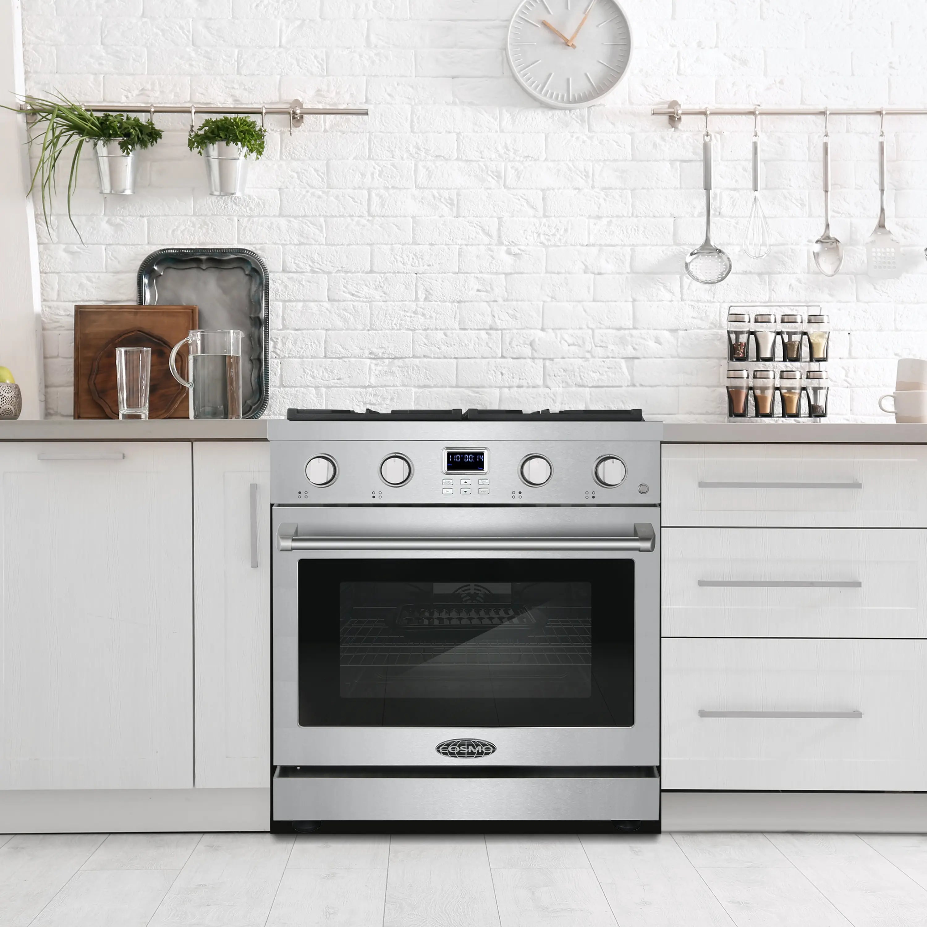 Stainless steel freestanding gas range with digital controls and oven door