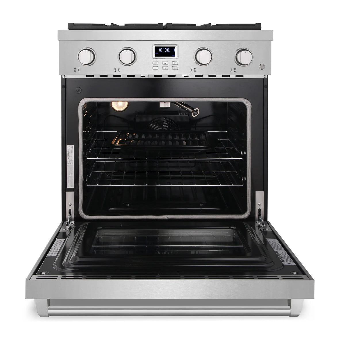 Stainless steel gas range with oven door open, racks inside and interior light on