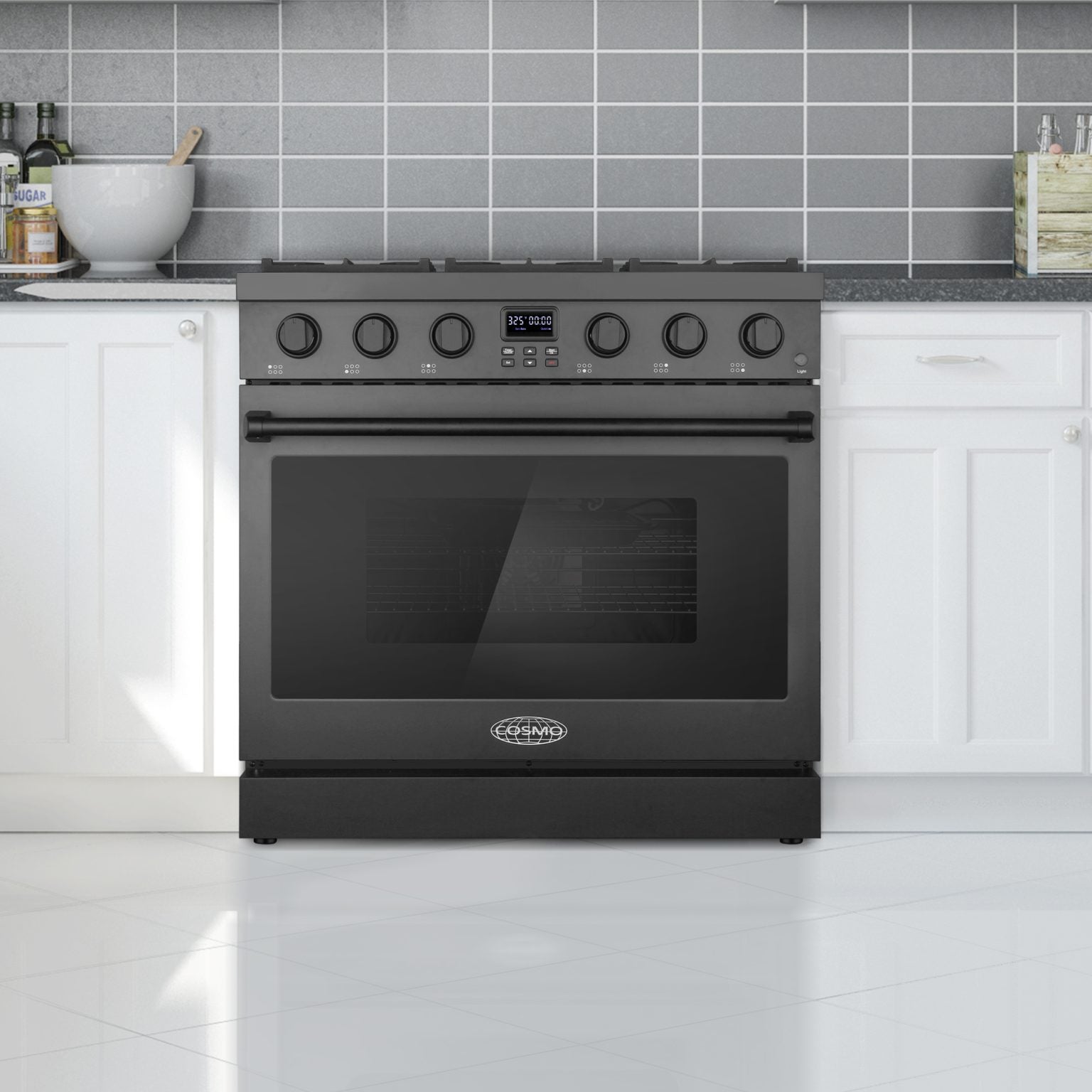 Matte black 36-inch electric range, front control panel and glass oven door