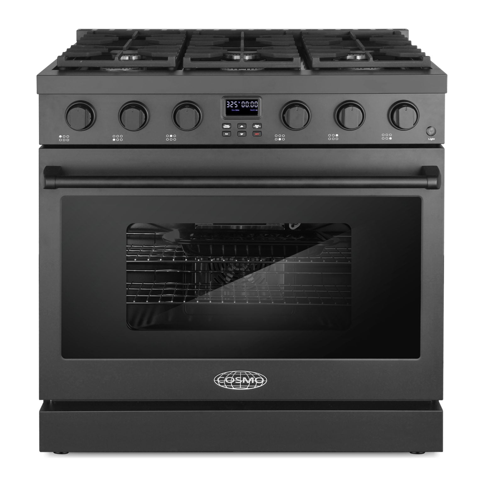 Matte black electric range with glass oven door and visible convection oven racks