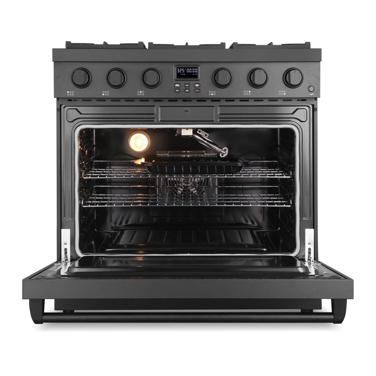 Open matte black convection oven with interior racks and glowing oven light