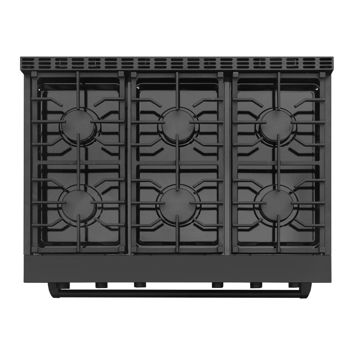 Matte black electric range cooktop with six burner grates
