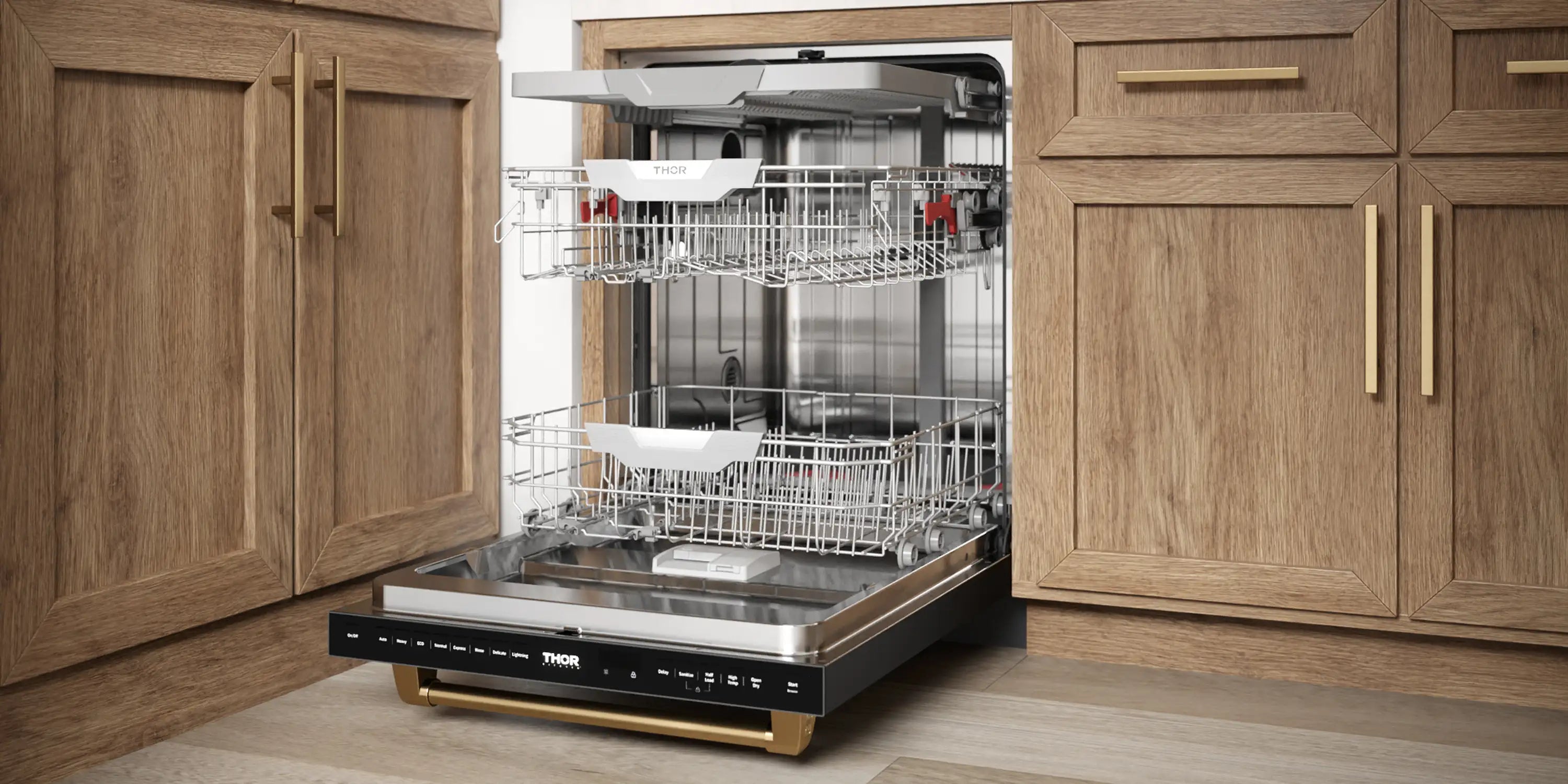 Stainless steel 24-inch built-in dishwasher with bronze trim, open door and dish racks