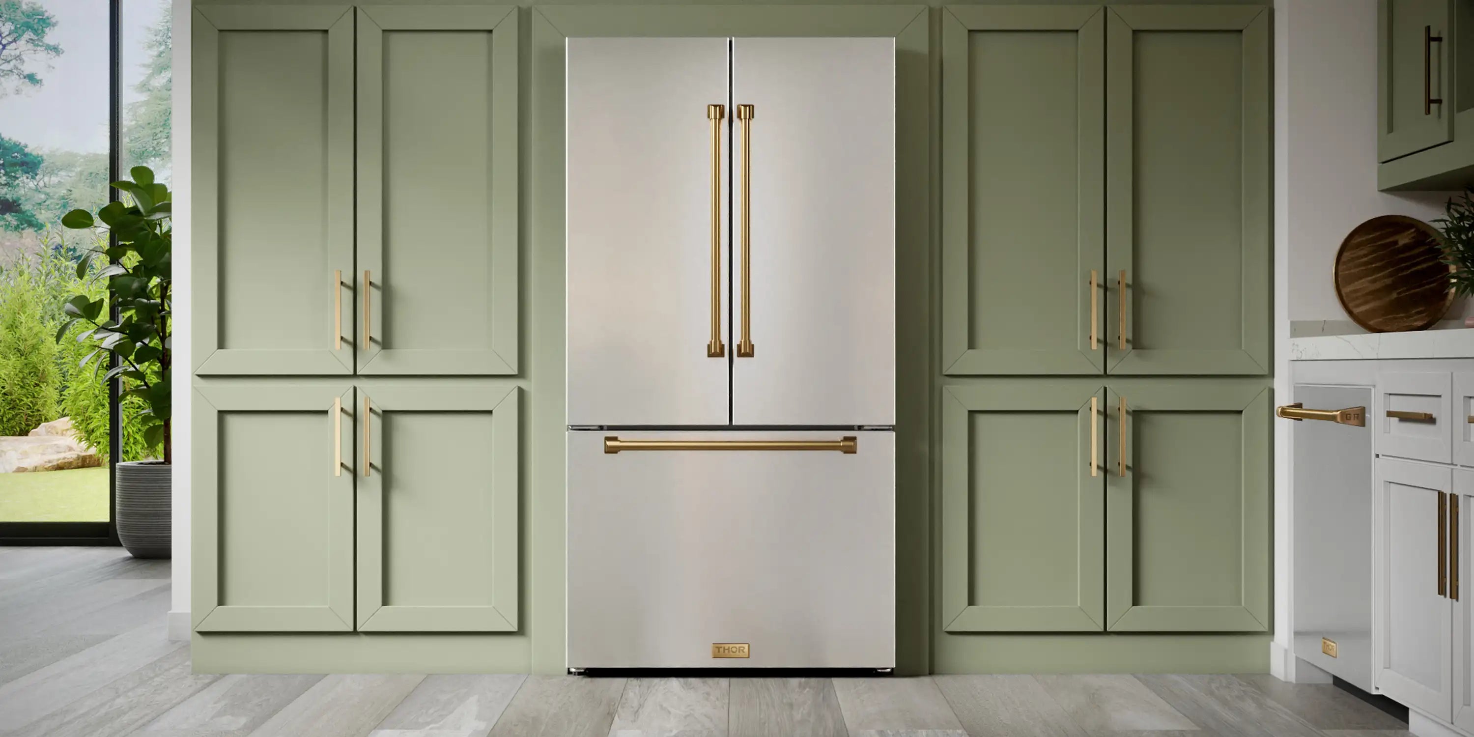 Stainless French door refrigerator with bronze horizontal handle and vertical bars