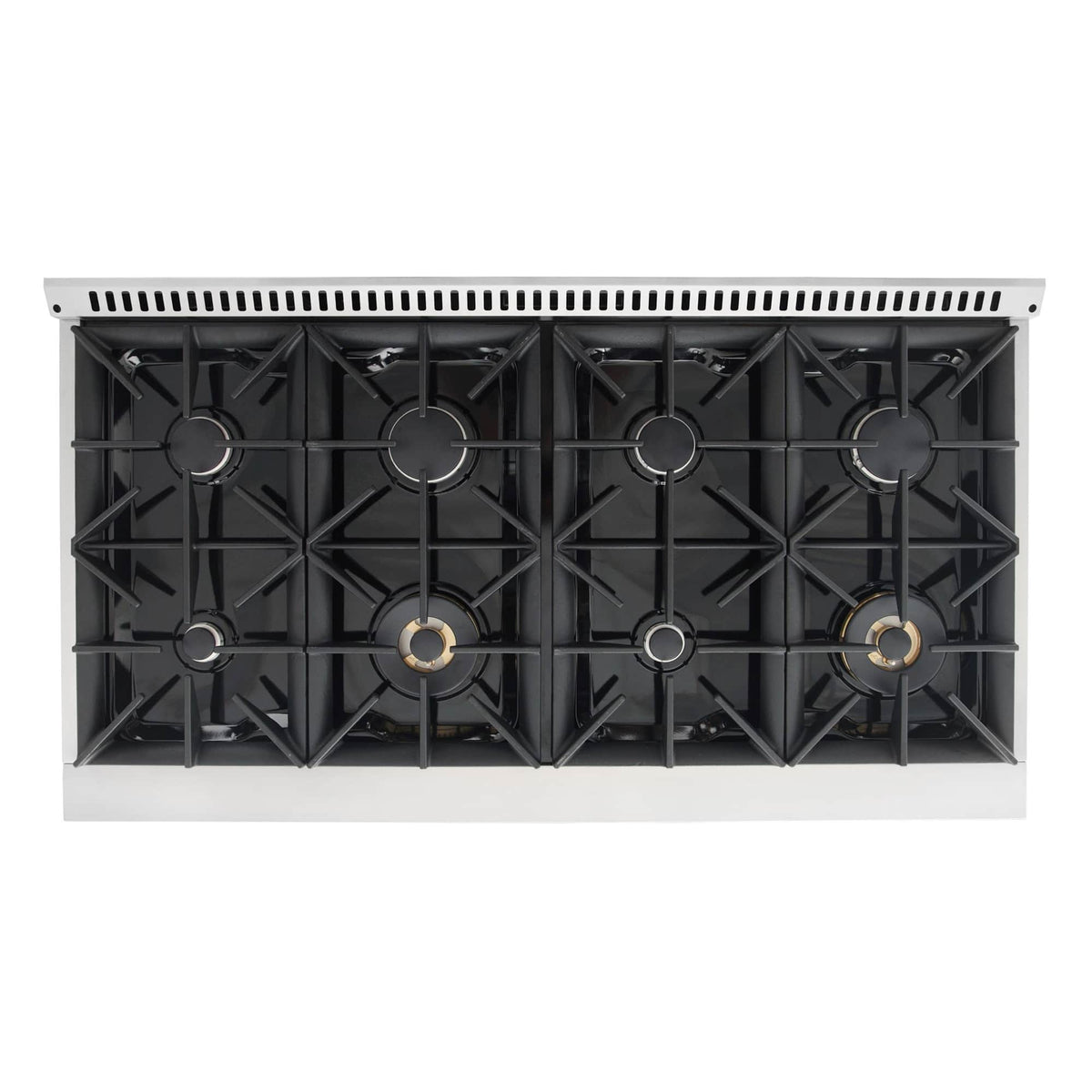 Stainless steel gas range with eight black burner grates and control knobs, double oven top view.