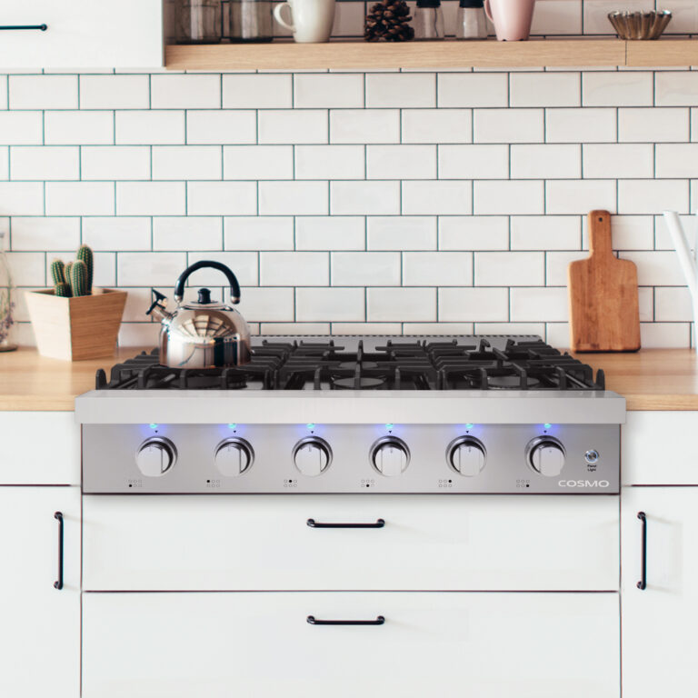 Stainless steel slide-in 6-burner gas cooktop with front knobs and black grates