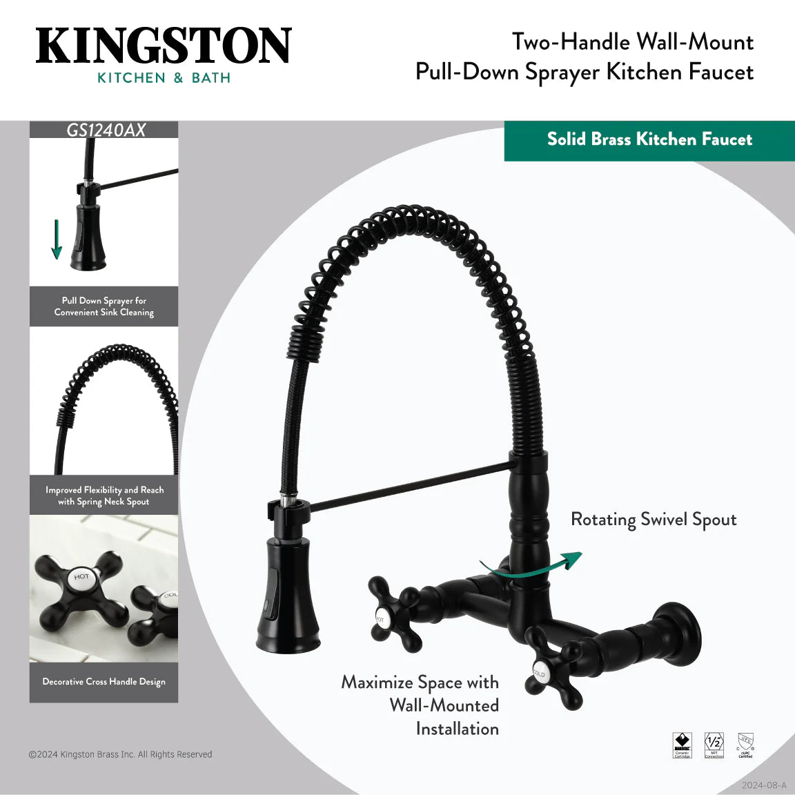 Black pull-down sprayer wall-mount kitchen faucet with rotating swivel spout