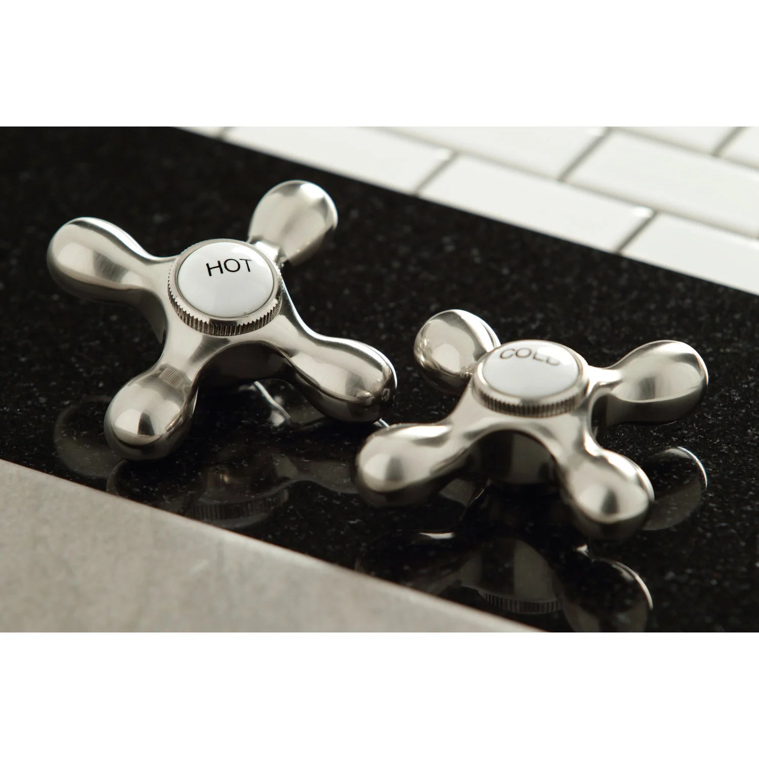 Brushed nickel hot and cold dual faucet handles with HOT and COLD knobs