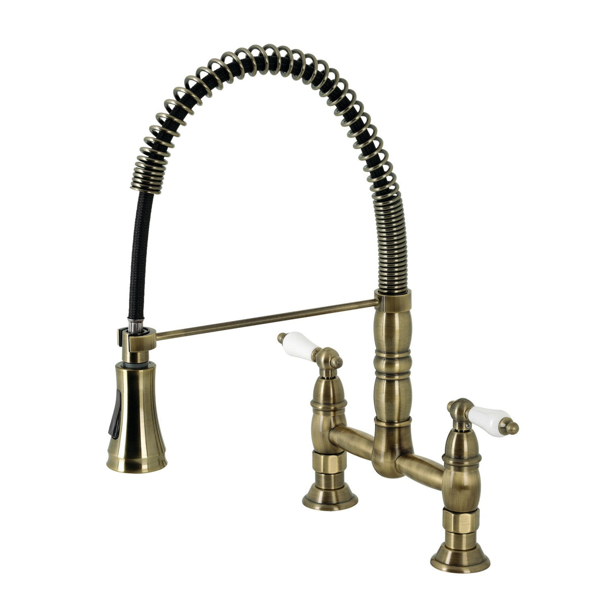 Gourmetier Heritage Double-Handle Deck-Mount Pre-Rinse Bridge Kitchen Faucet in Antique Brass