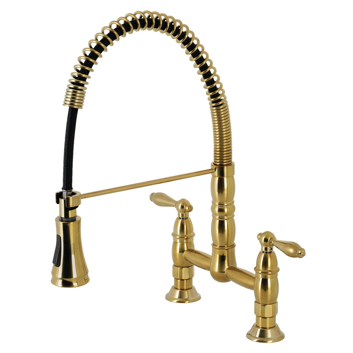 Gourmetier Heritage Double-Handle Deck-Mount Pre-Rinse Bridge Kitchen Faucet in Brushed Brass