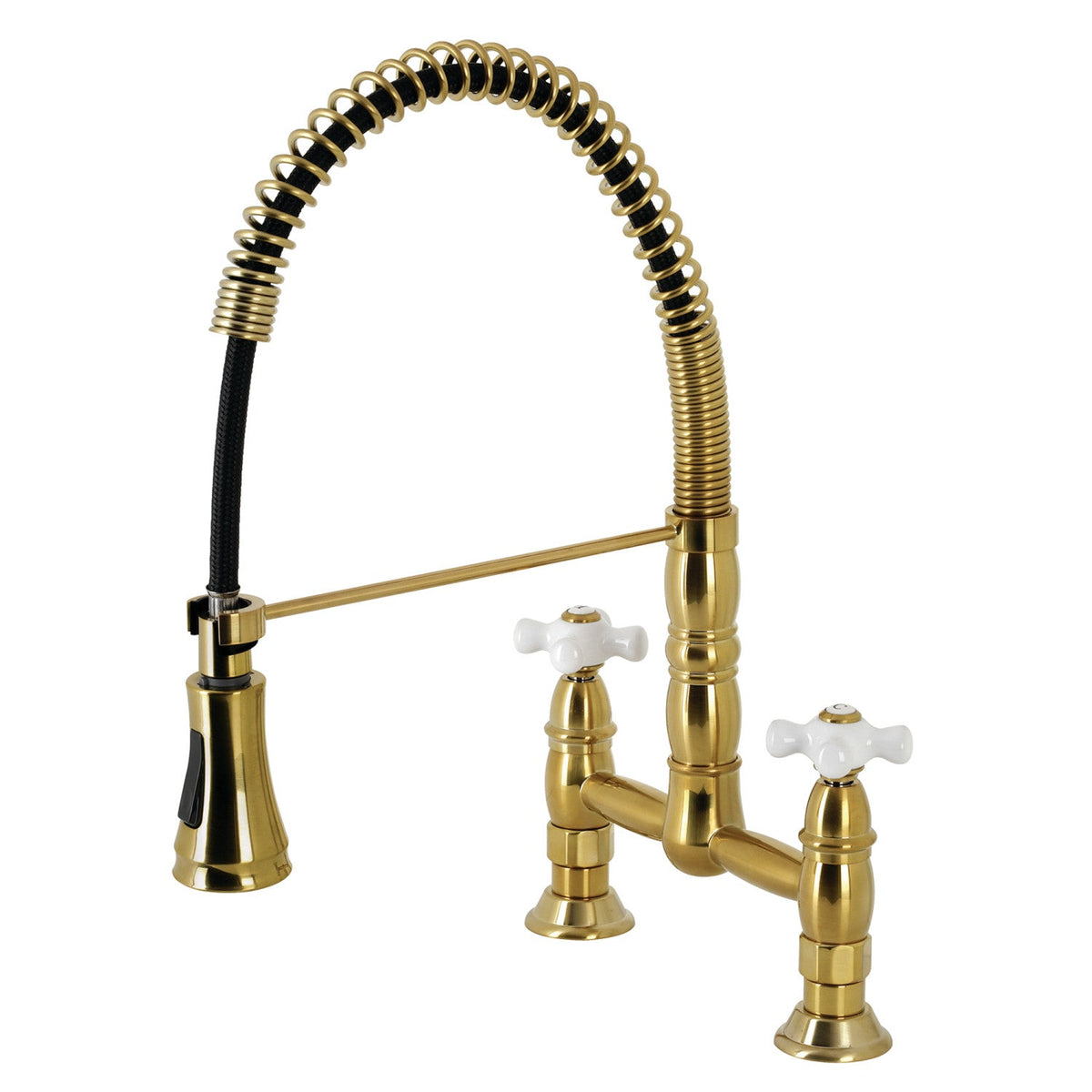 Gourmetier Heritage Double-Handle Deck-Mount Pre-Rinse Bridge Kitchen Faucet in Brushed Brass
