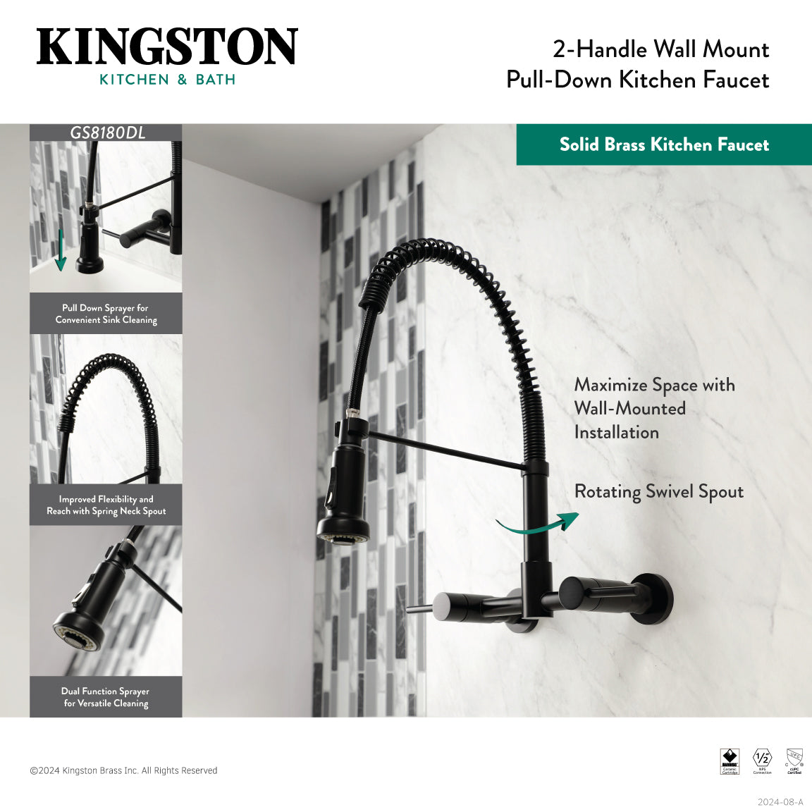 Gourmetier Concord Double-Handle Wall-Mount Pre-Rinse Bridge Kitchen Faucet in Brushed Brass