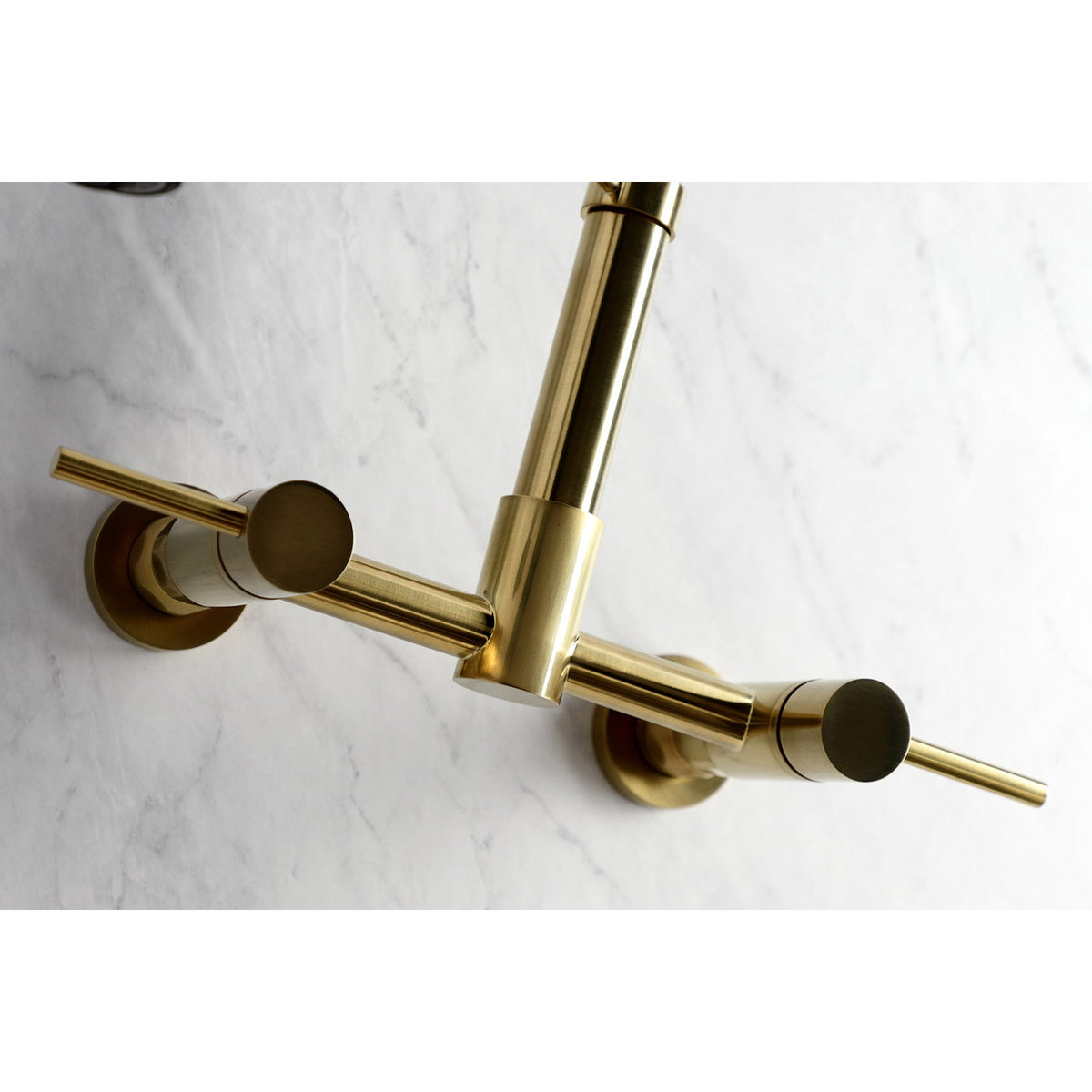Gourmetier Concord Double-Handle Wall-Mount Pre-Rinse Bridge Kitchen Faucet in Brushed Brass