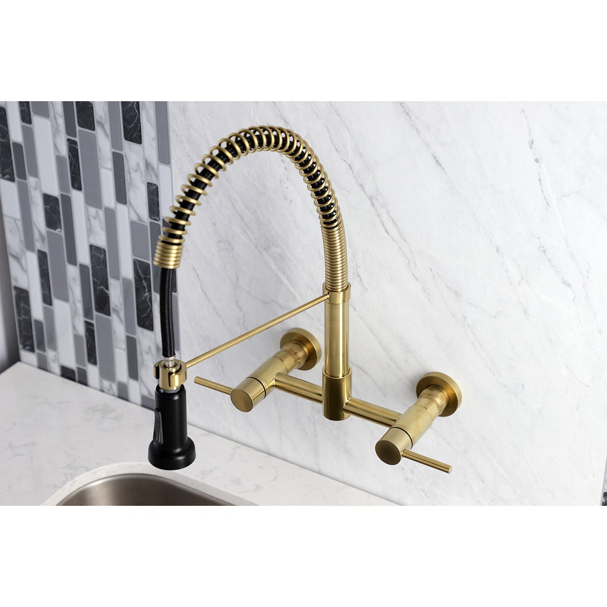 Gourmetier Concord Double-Handle Wall-Mount Pre-Rinse Bridge Kitchen Faucet in Brushed Brass