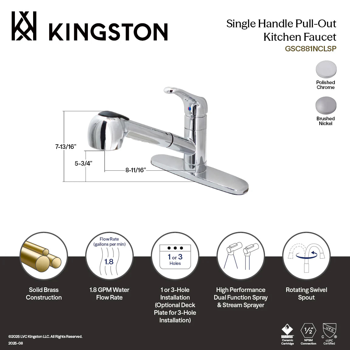 Single-handle pull-out kitchen faucet product diagram in brushed nickel finish