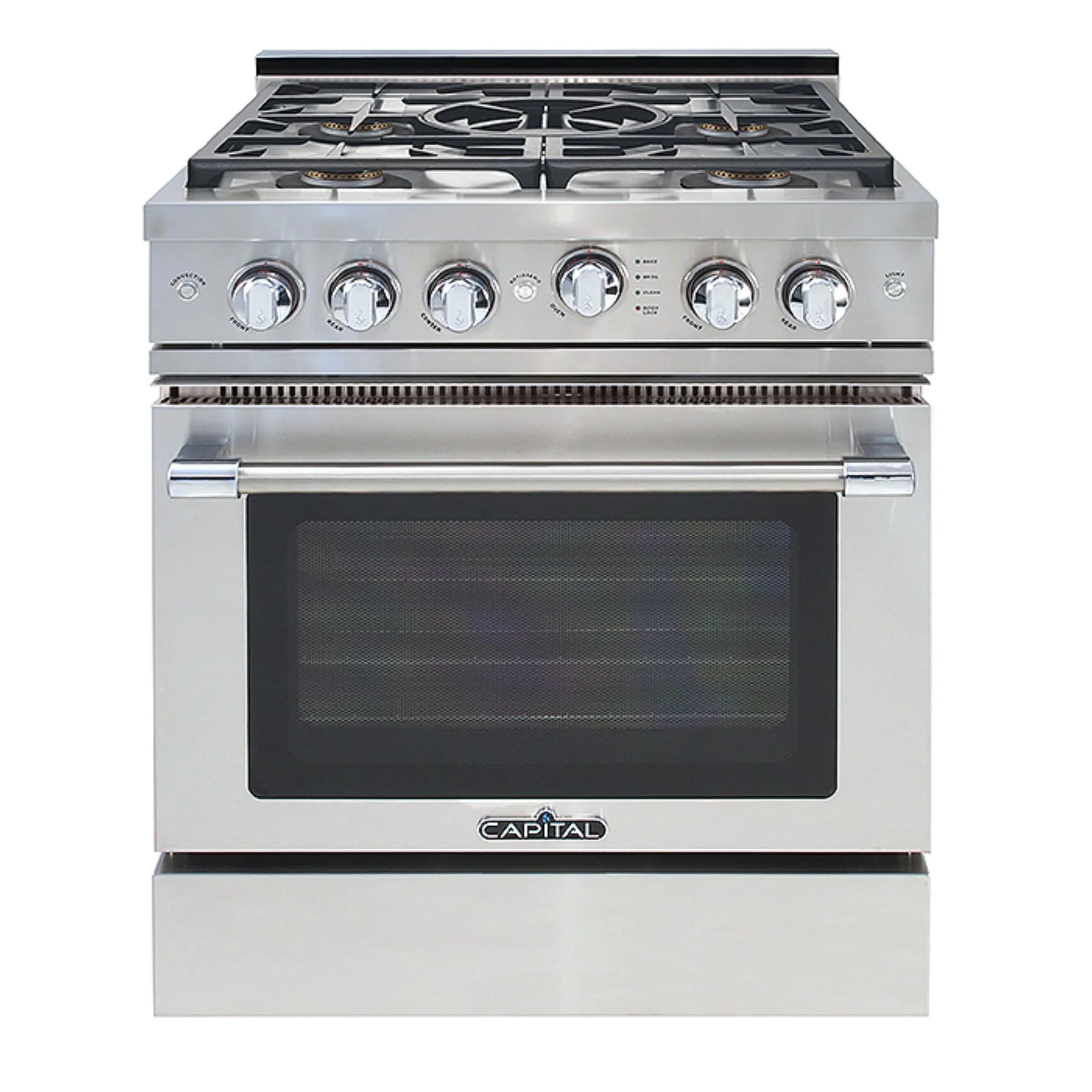 Stainless steel freestanding gas range with four burners and glass oven door