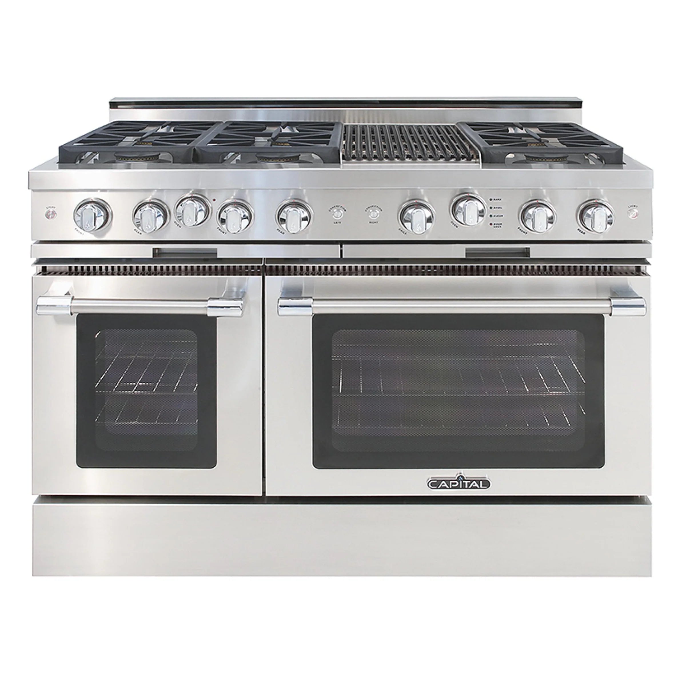 Stainless steel 48-inch gas range with sealed burners and grill, front view