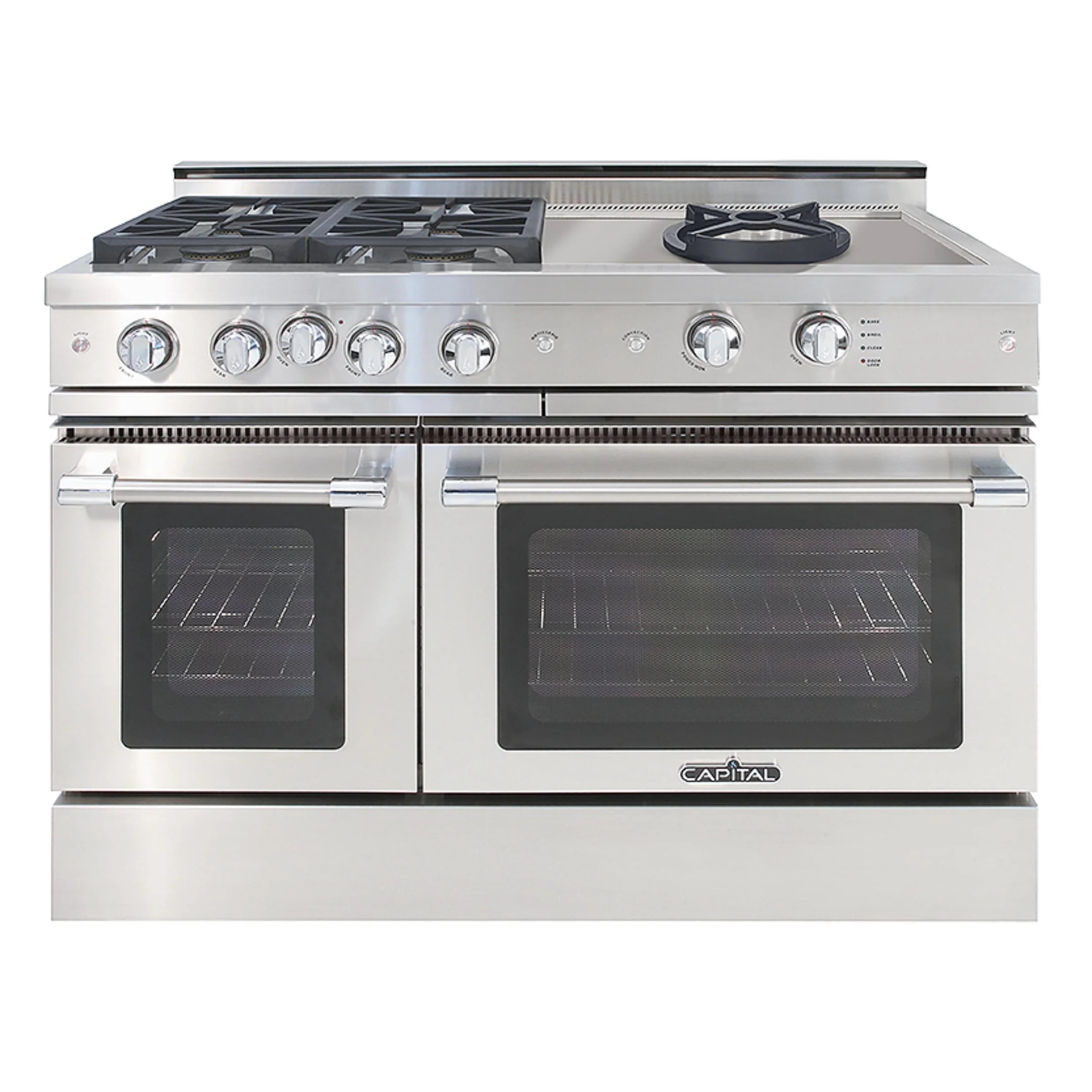 Freestanding gas range front with griddle, two ovens, and control knobs