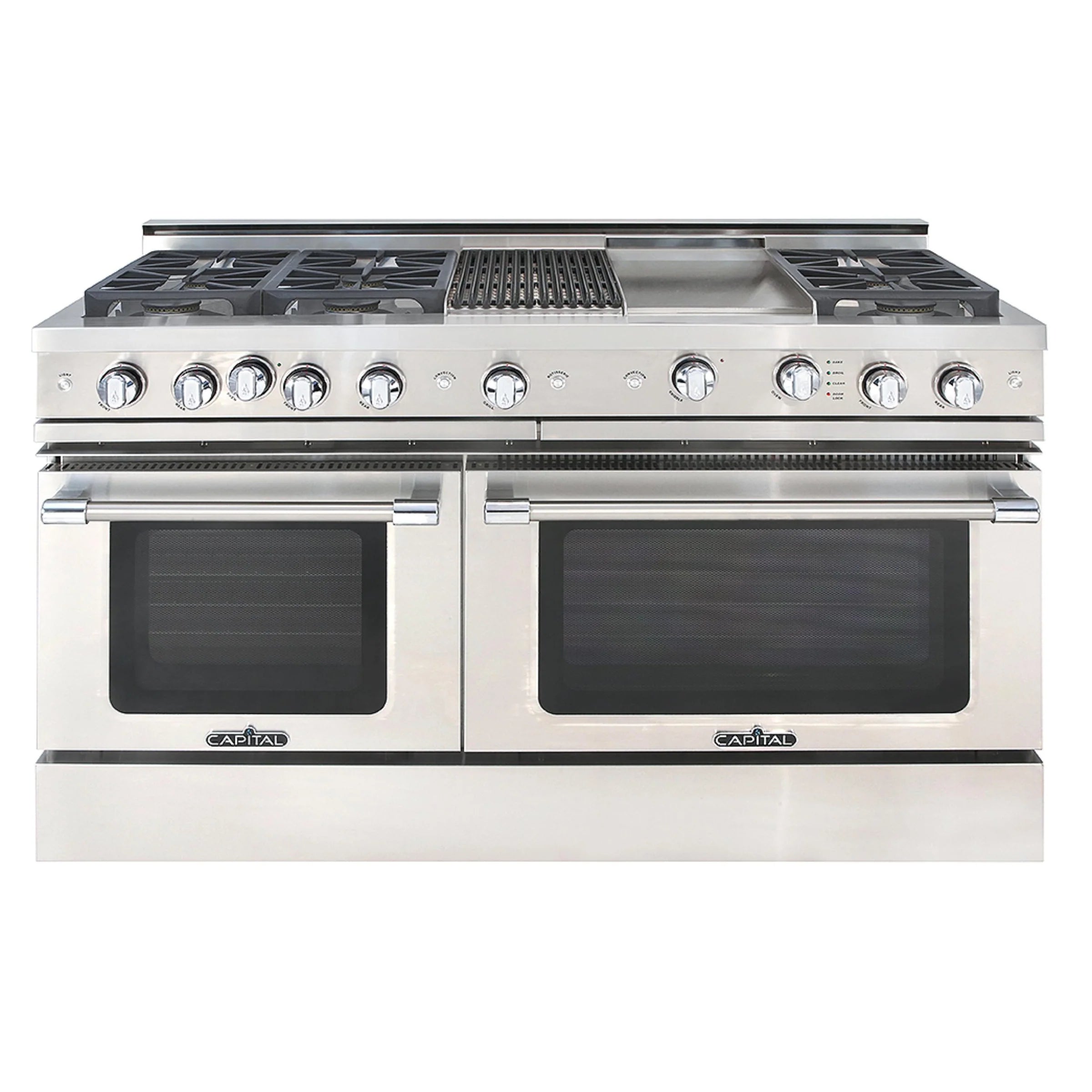 Stainless steel 6-burner gas range with oven doors and control knobs