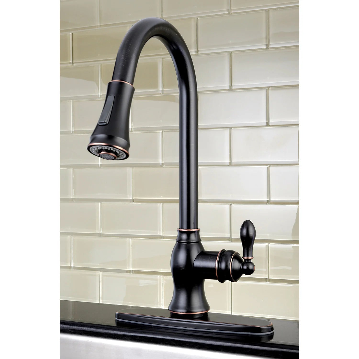 Single-handle pull-down kitchen faucet with rectangular base, arched spout, dark matte finish