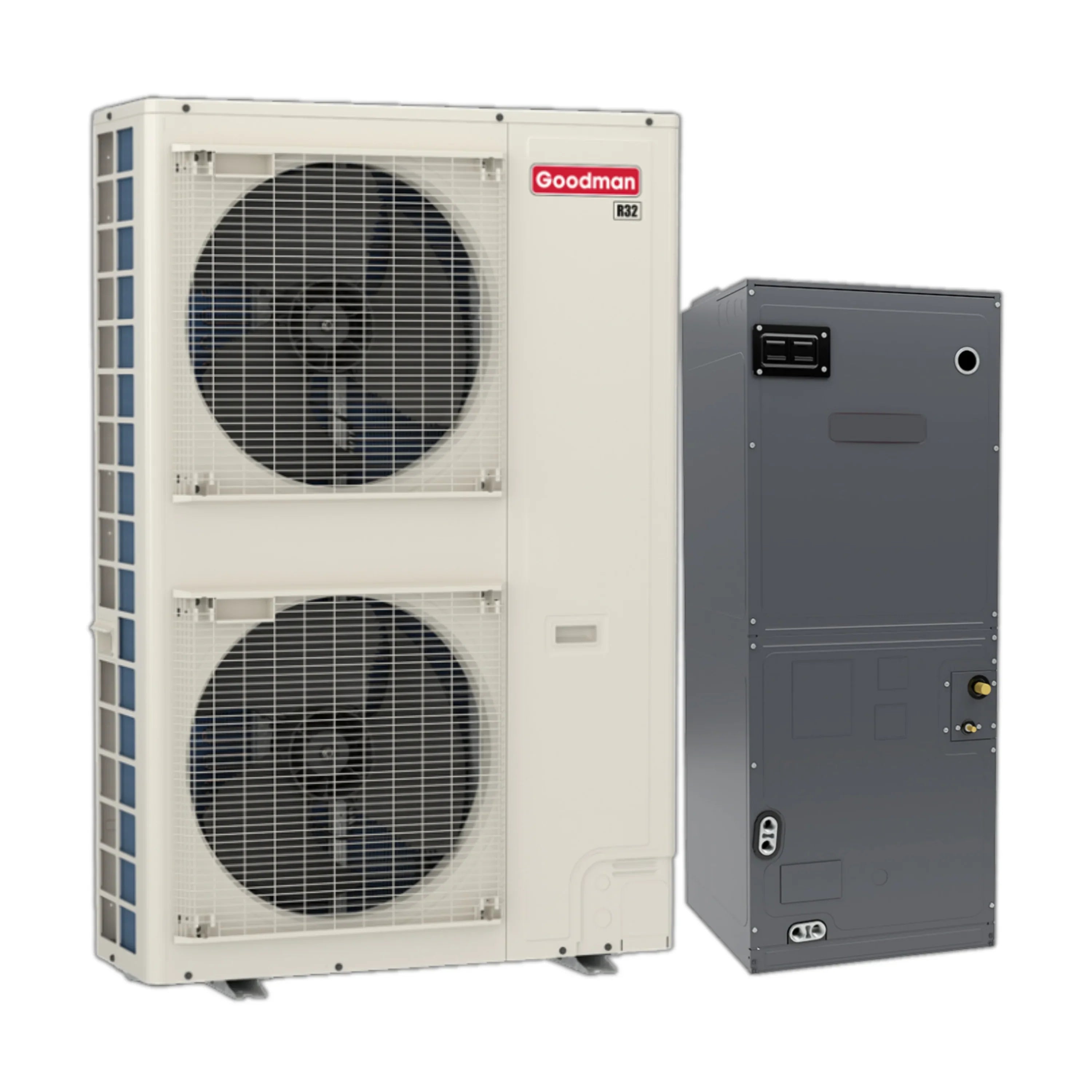 Goodman central AC condenser with air handler, two fan grilles and control panel