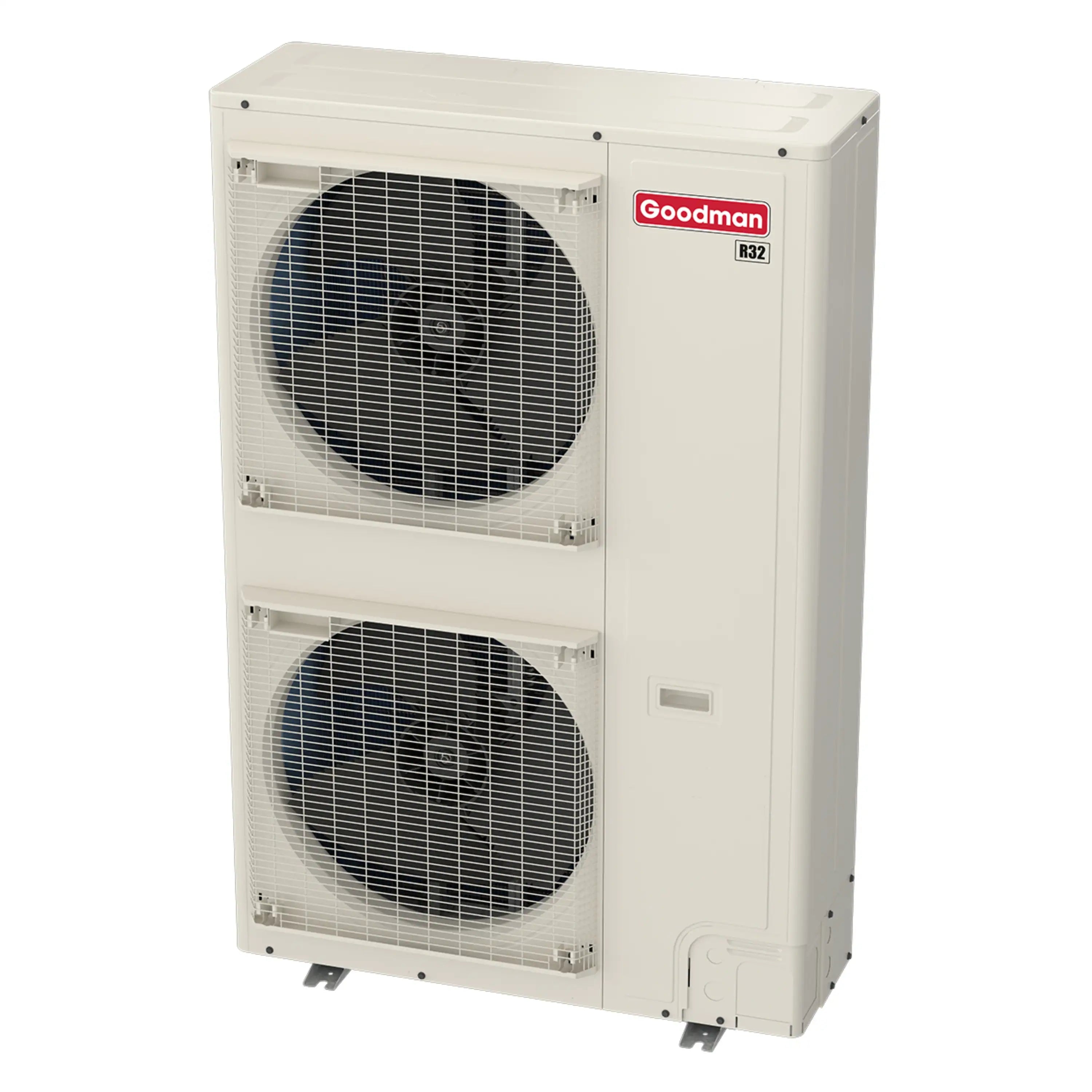 White Goodman central AC condenser with two fan grilles and protective side panels