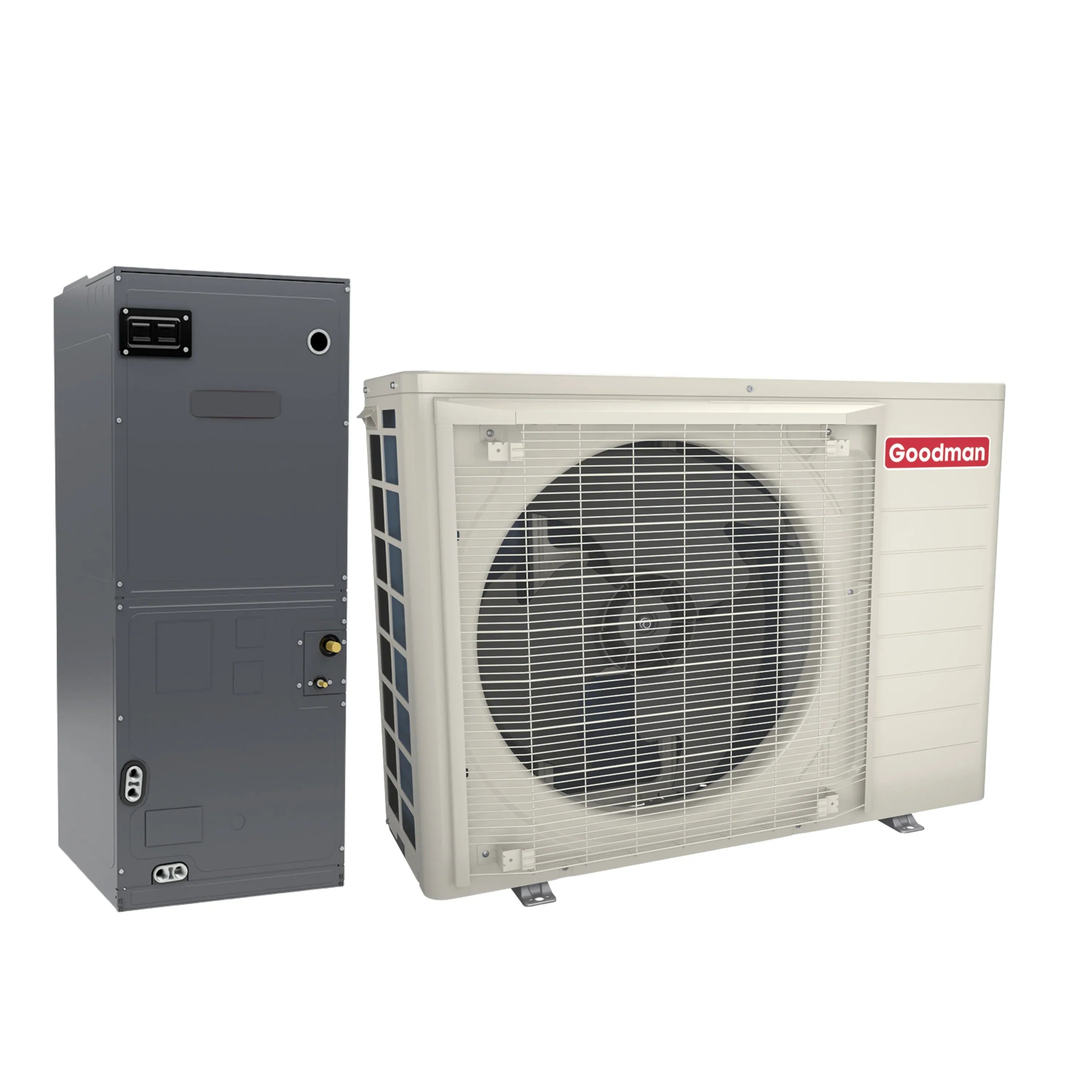 Goodman heat pump condenser and air handler unit set, with front fan grilles