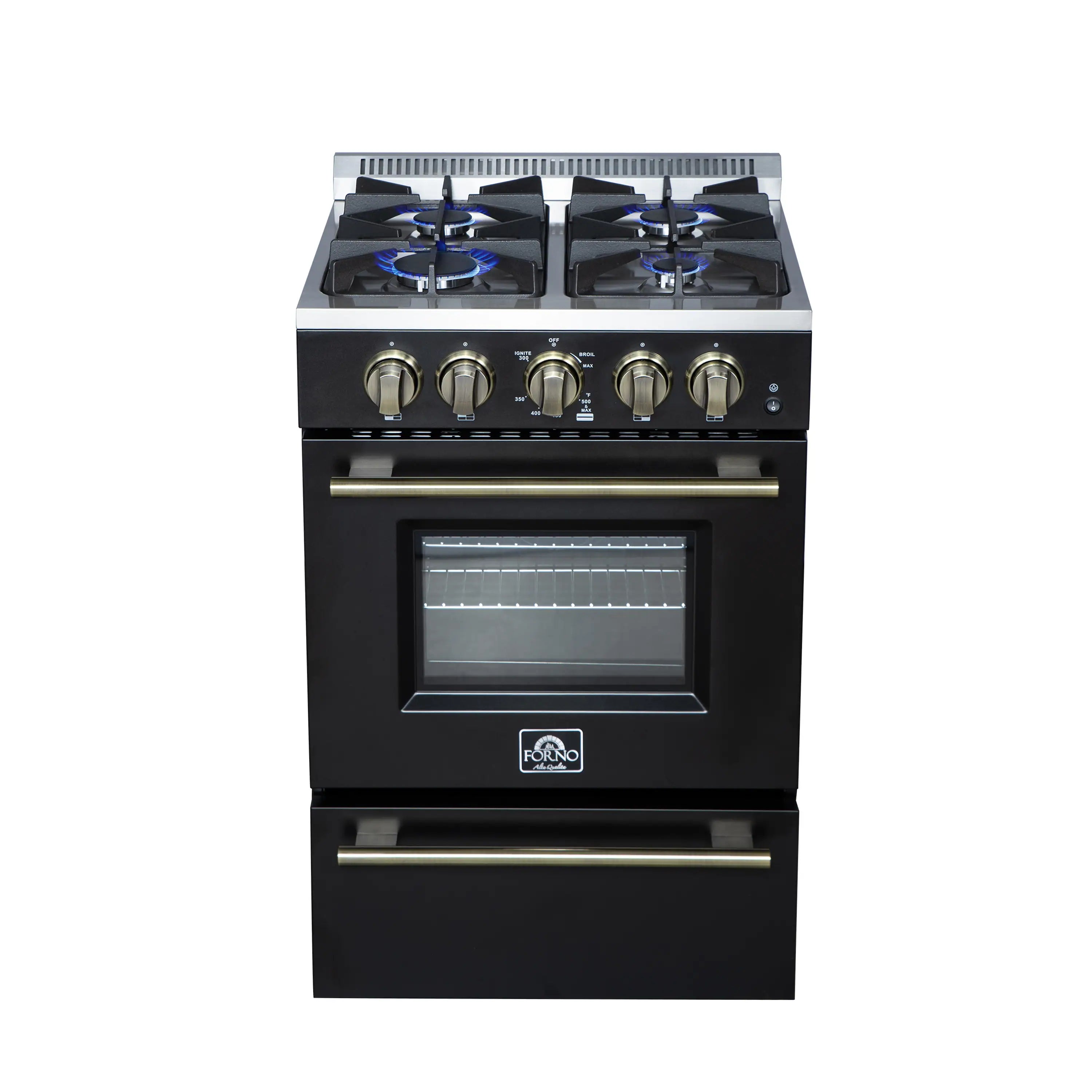 Black freestanding gas range with 5 burners, brass trim, and oven window with control knobs