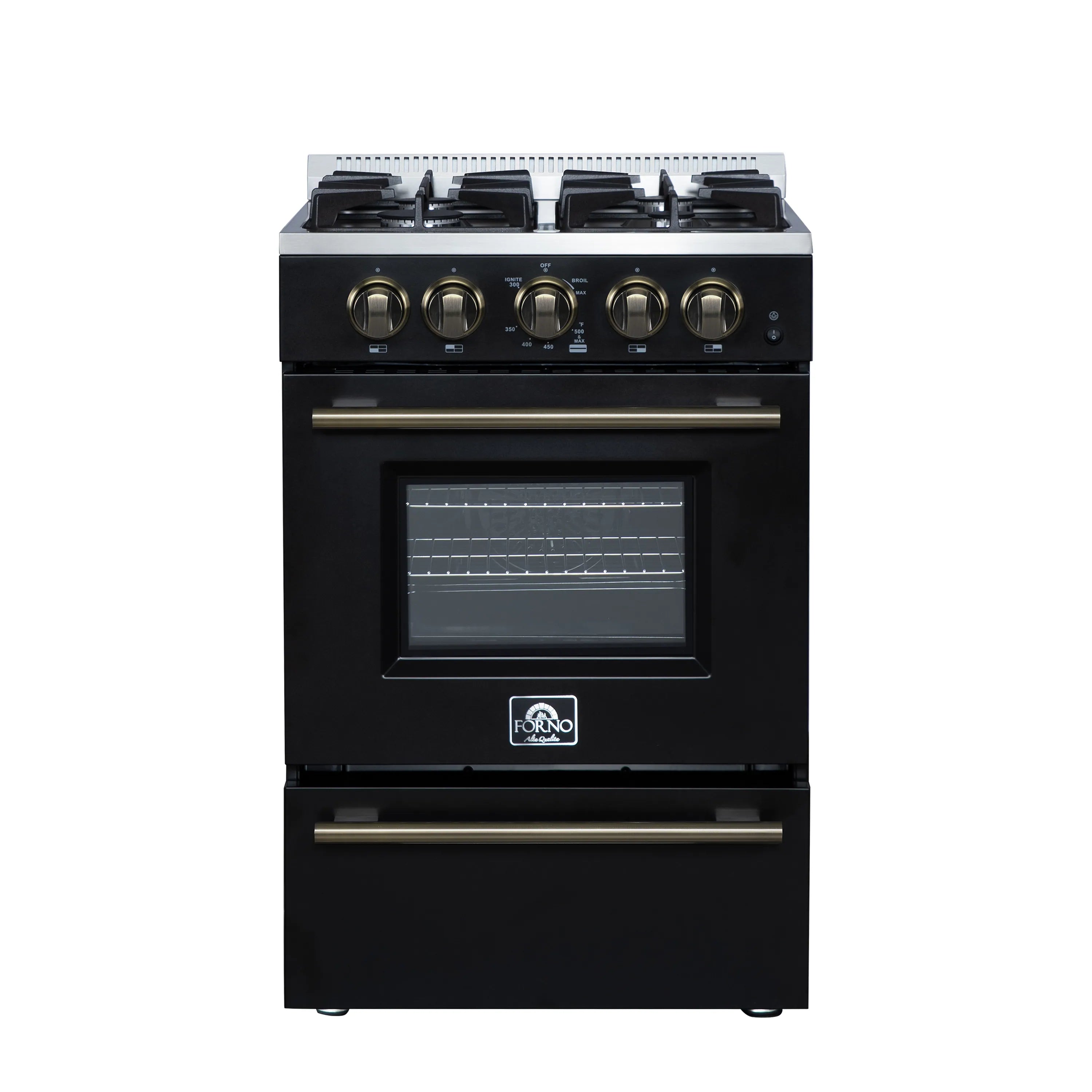 Black 24-inch freestanding gas range with brass knobs, 4-burner top and oven window