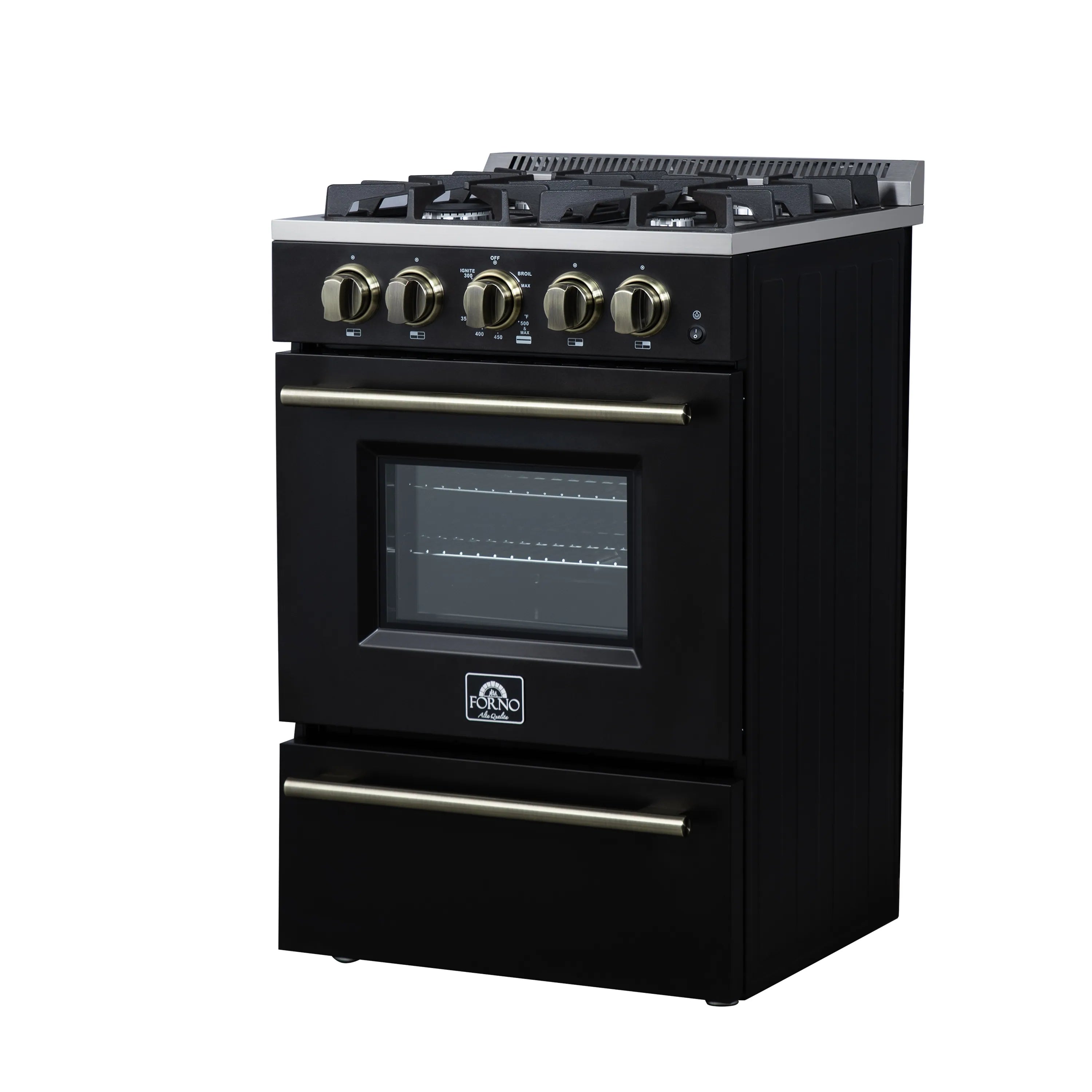 Black 24-inch freestanding gas range with brass knobs, oven window and 4 burners