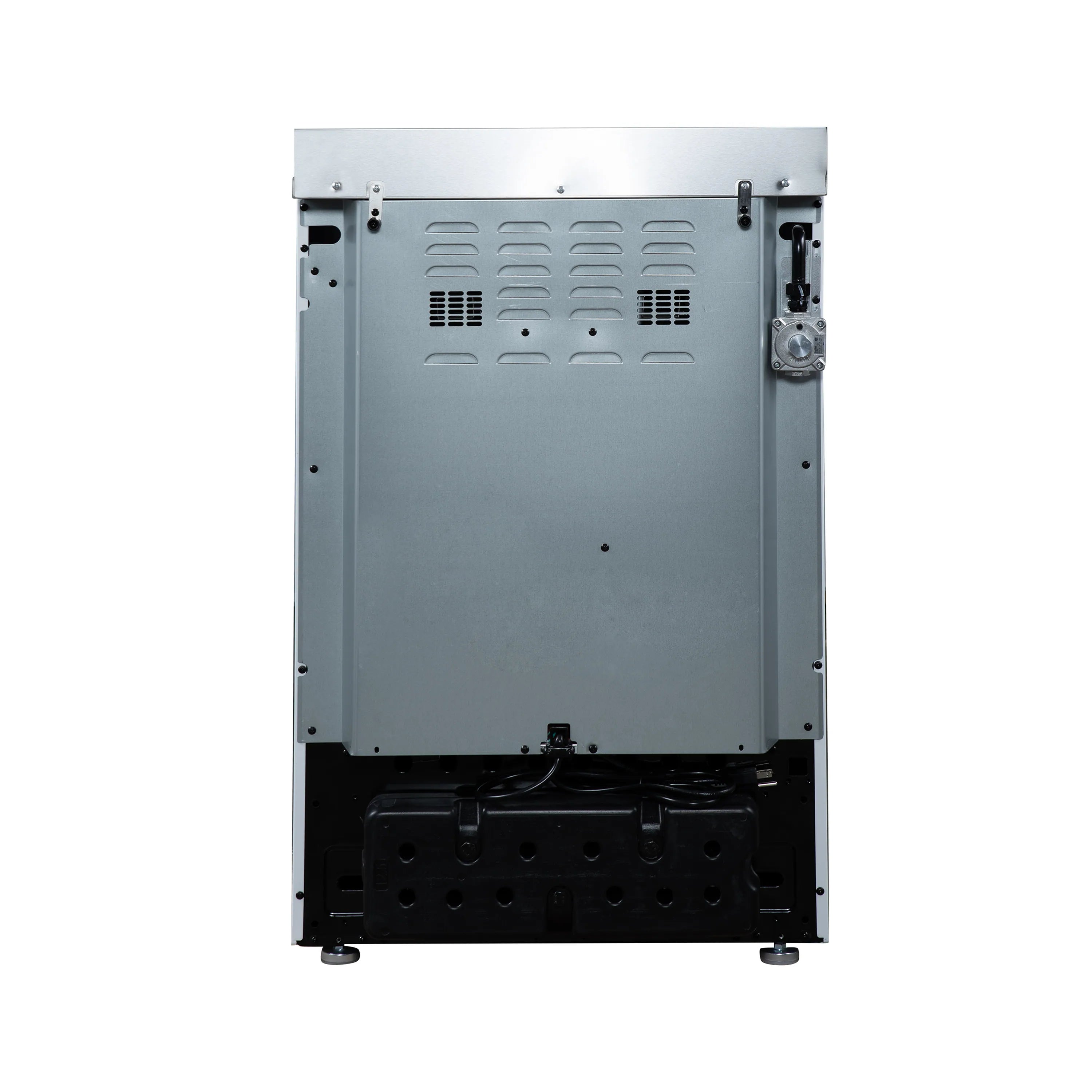 Freestanding gas range back panel with ventilation slots and access openings