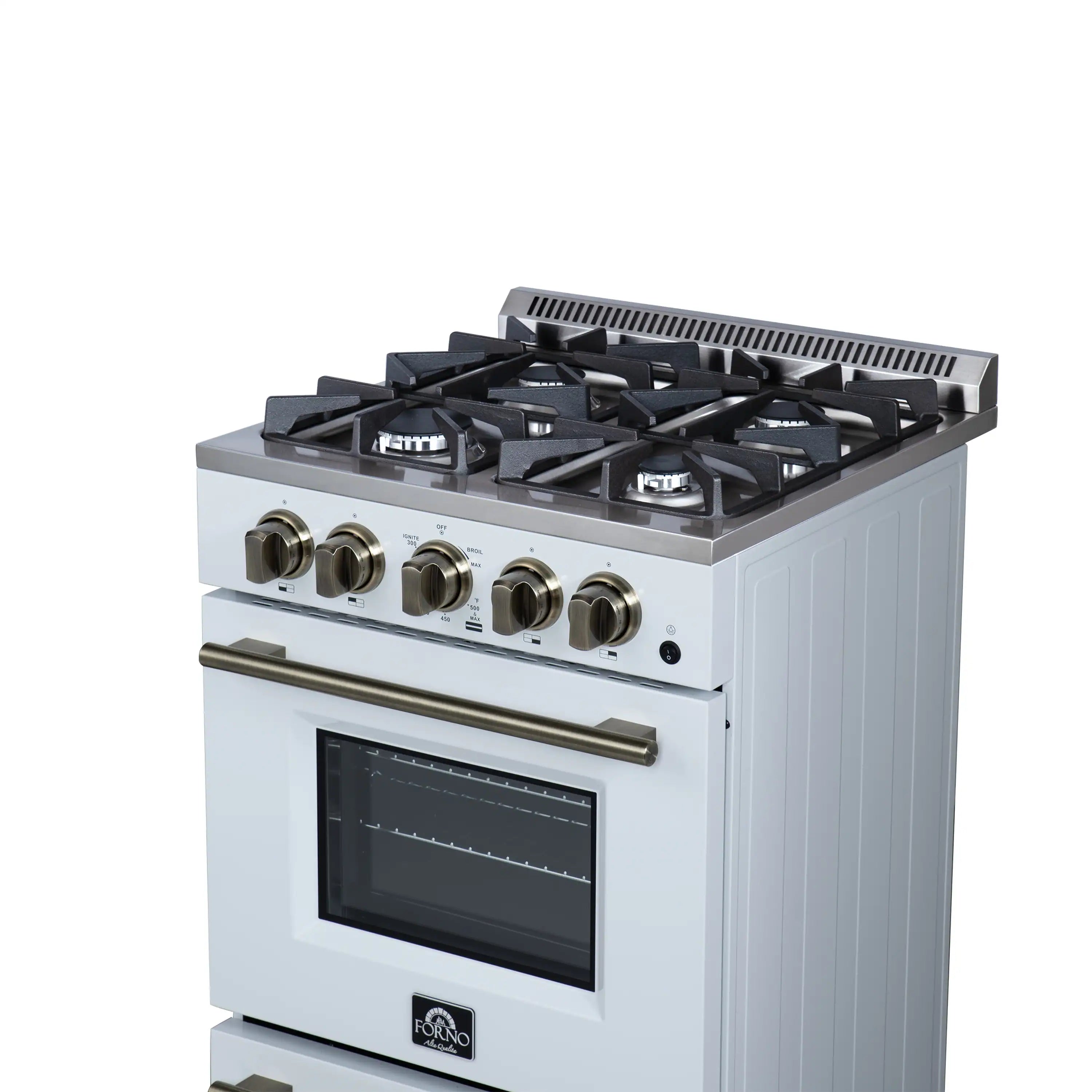White freestanding gas range with antique brass knobs, burner grates, and oven window