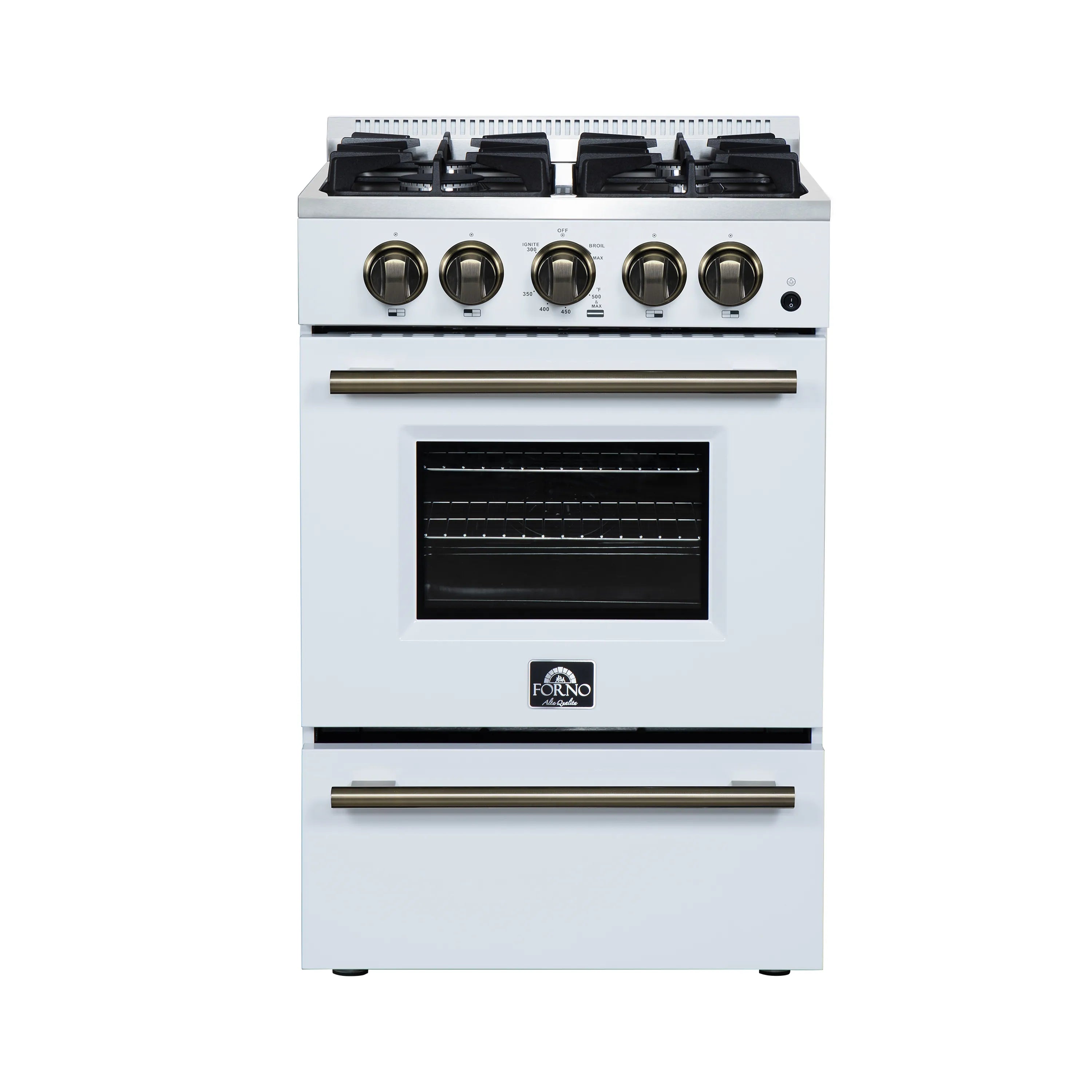 White gas range with antique brass control knobs and oven handle, front panel view