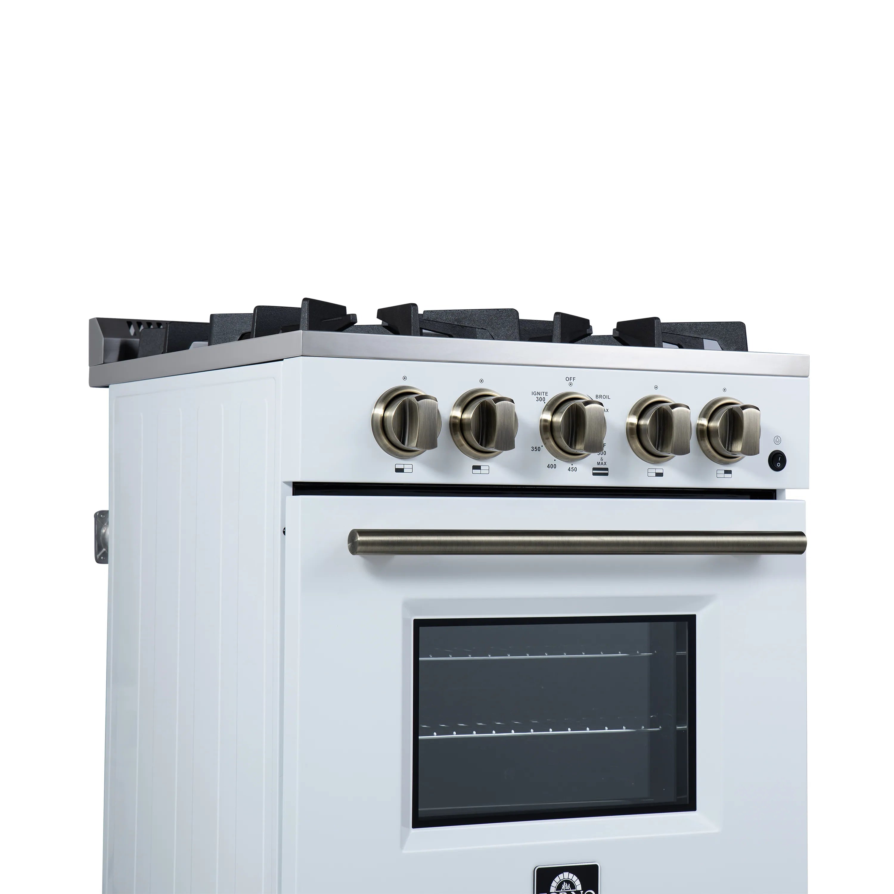 White gas range control panel with antique brass knobs and oven window below